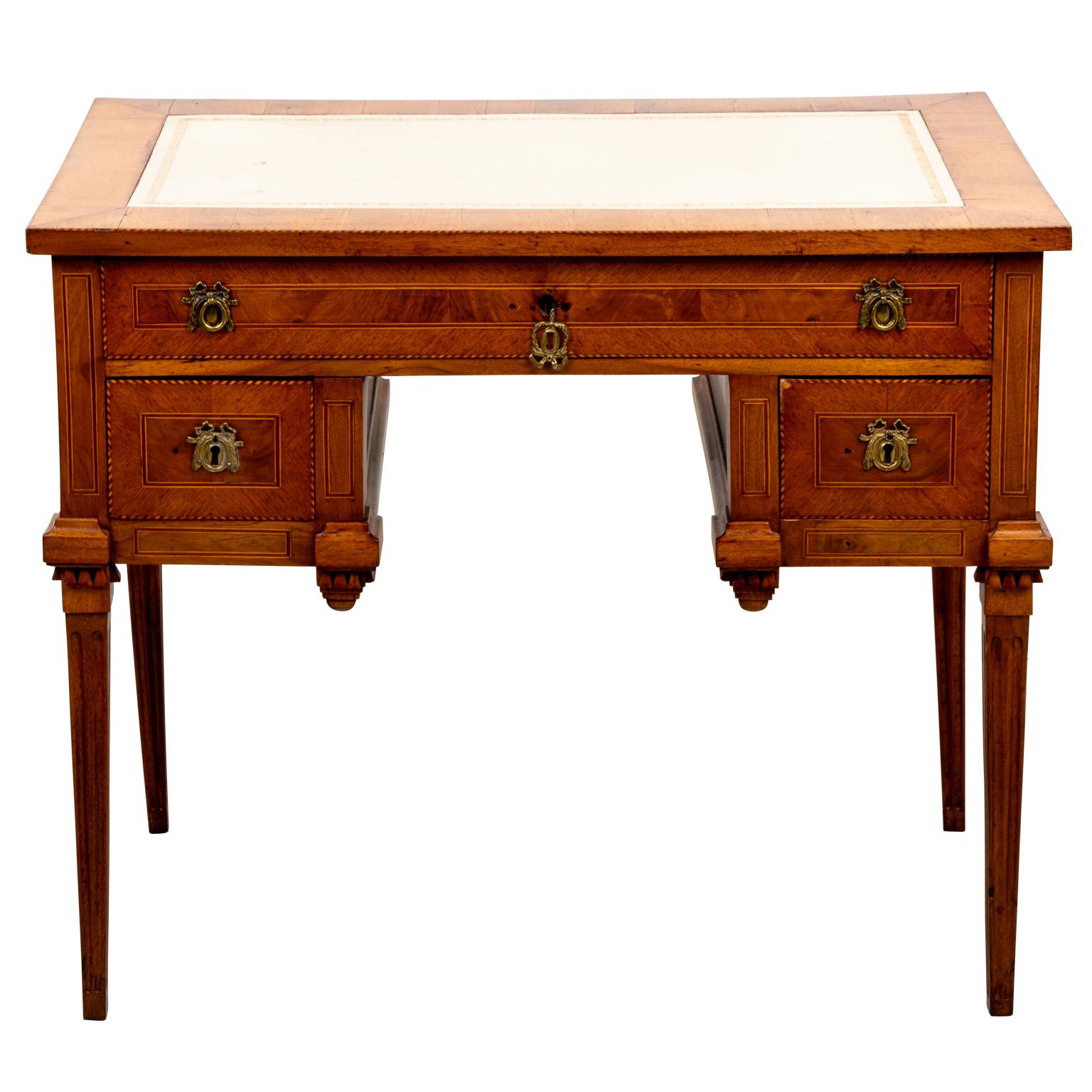 French Fruitwood Louis XVI Desk with White Embossed Leather Top