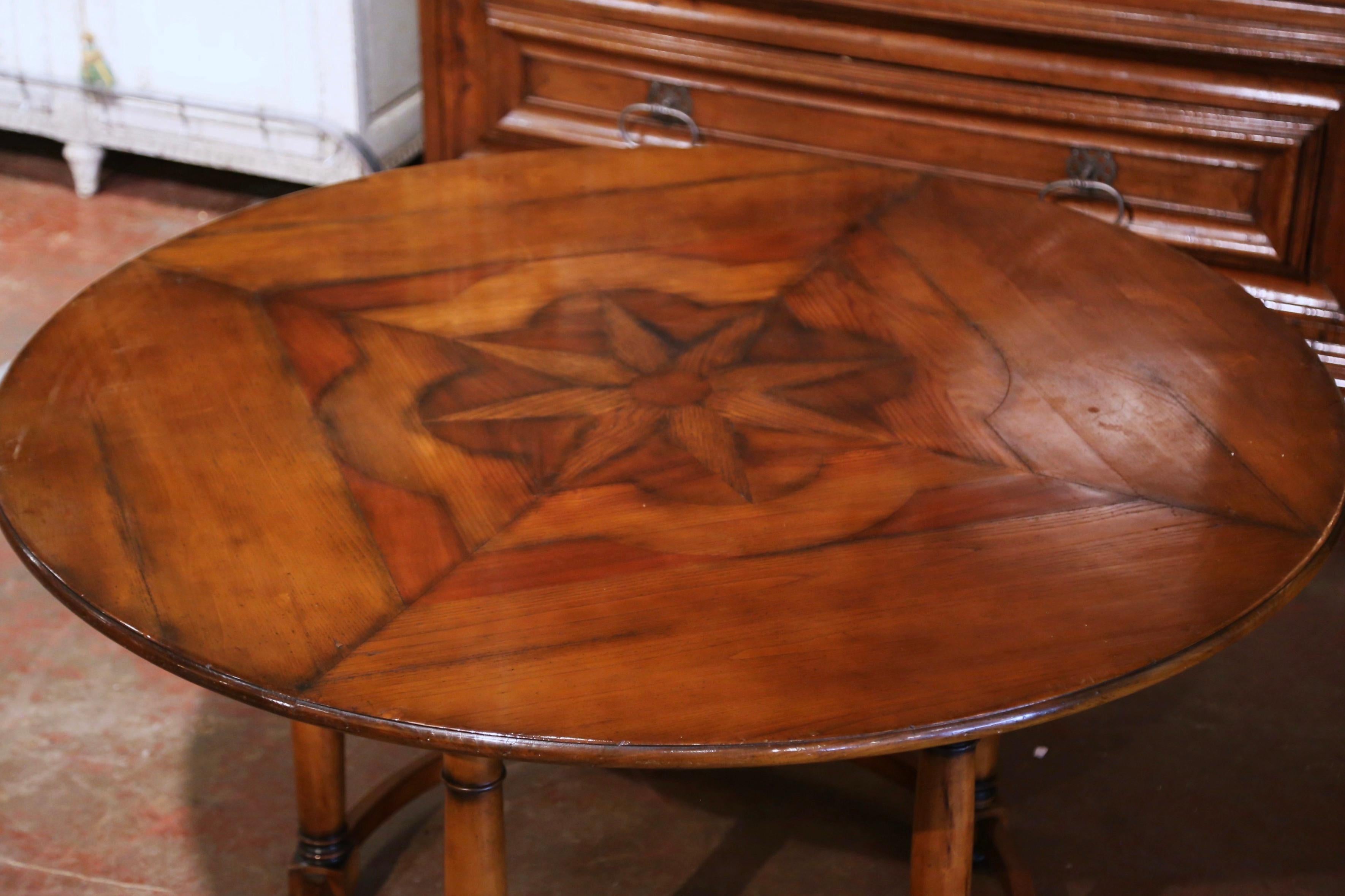 French Fruitwood Marquetry Five-Leg Round Table Signed Christian Noyrand In Excellent Condition In Dallas, TX