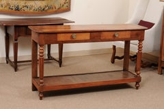 French Fruitwood Serving Table with 2 Drawers, Lower Plinth, & Turned Legs