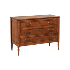 French Fruitwood Three-Drawer Fluted Chest with Brass Trim, Mid-20th Century