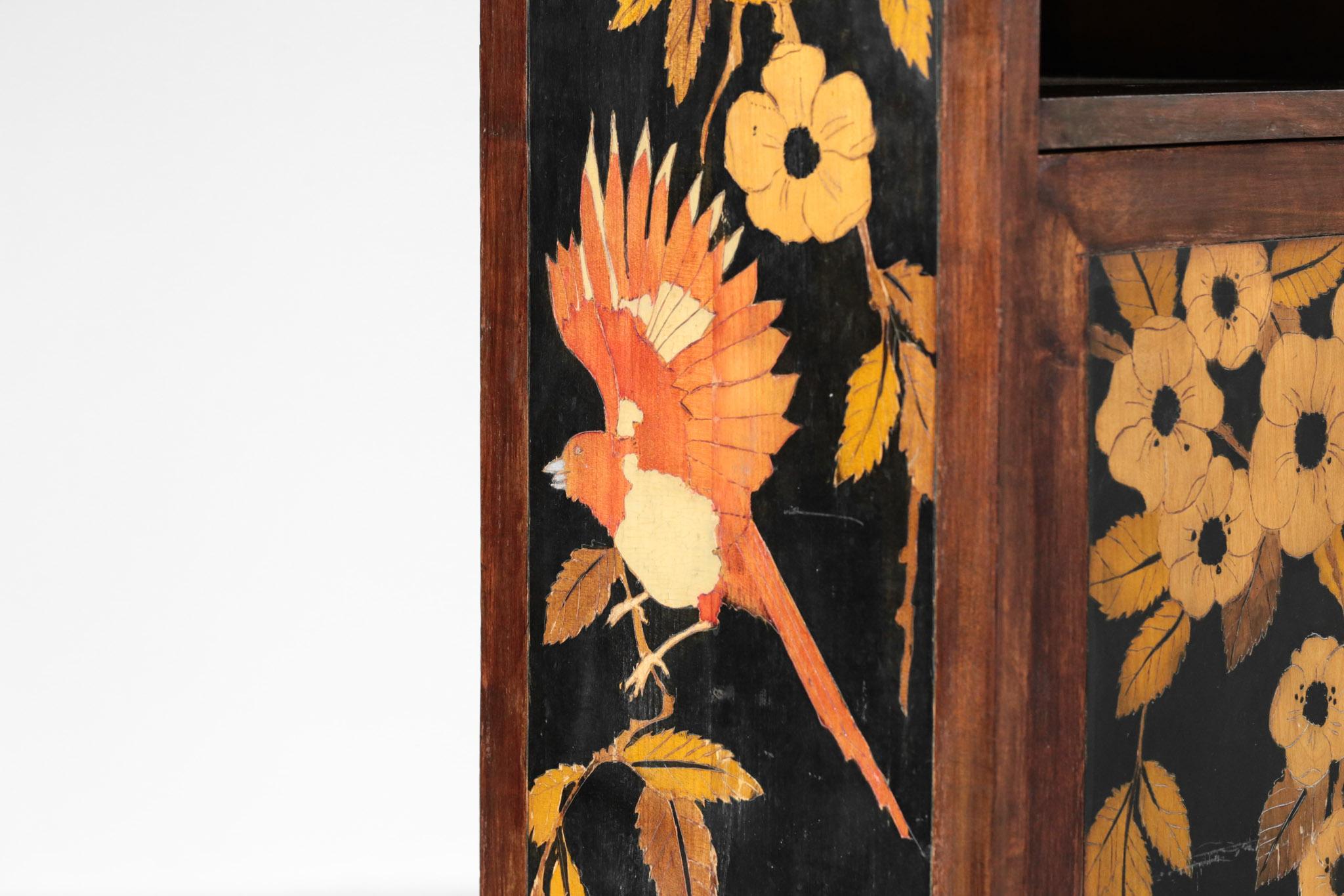 Art Nouveau French Furniture 1940s Marquetry with Bird Decor Art Deco Cabinet Console