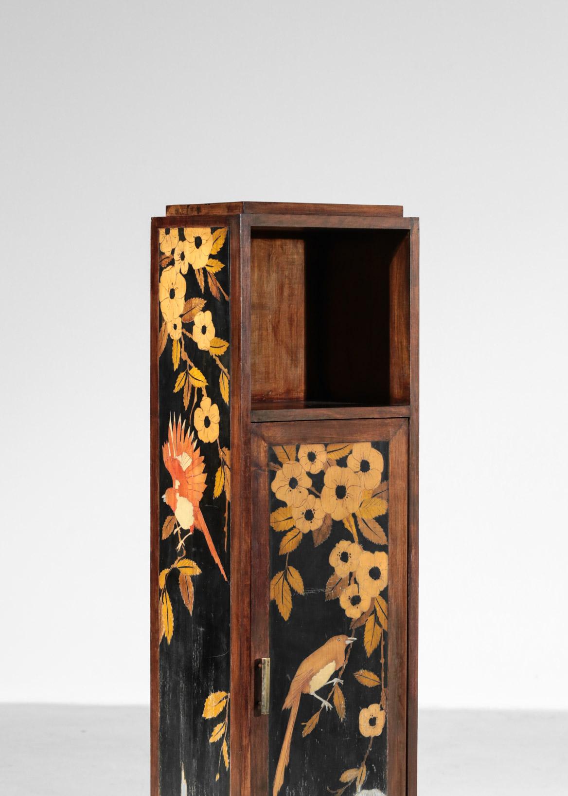 French Furniture 1940s Marquetry with Bird Decor Art Deco Cabinet Console In Good Condition In Lyon, FR