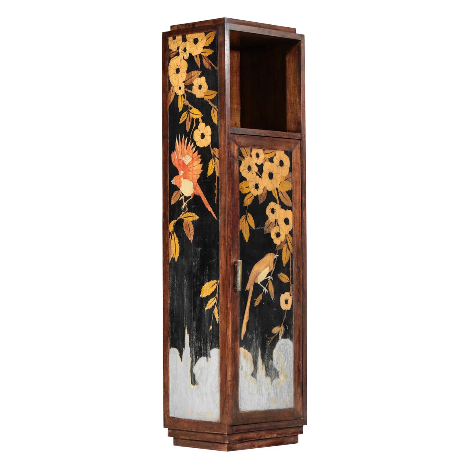 French Furniture 1940s Marquetry with Bird Decor Art Deco Cabinet Console