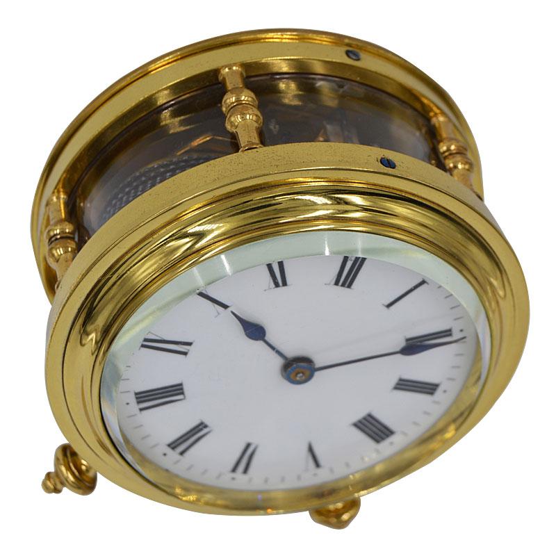 Late Victorian French Fusee Lacquered Brass Original Enamel Dial 8 Day Desk Clock, 1890s