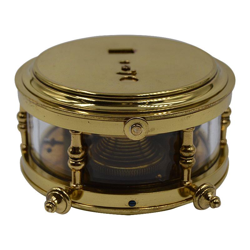 French Fusee Lacquered Brass Original Enamel Dial 8 Day Desk Clock, 1890s In Excellent Condition In Long Beach, CA