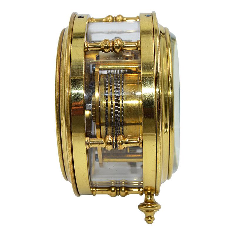 French Fusee Lacquered Brass Original Enamel Dial 8 Day Desk Clock, 1890s 1