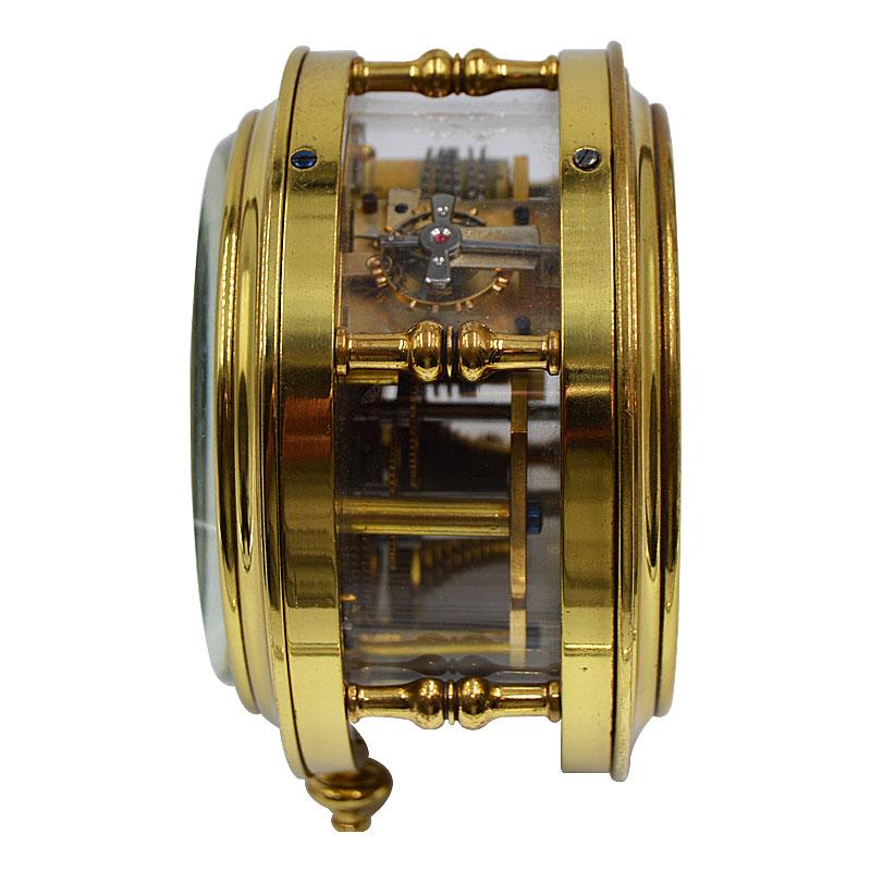 French Fusee Lacquered Brass Original Enamel Dial 8 Day Desk Clock, 1890s 3