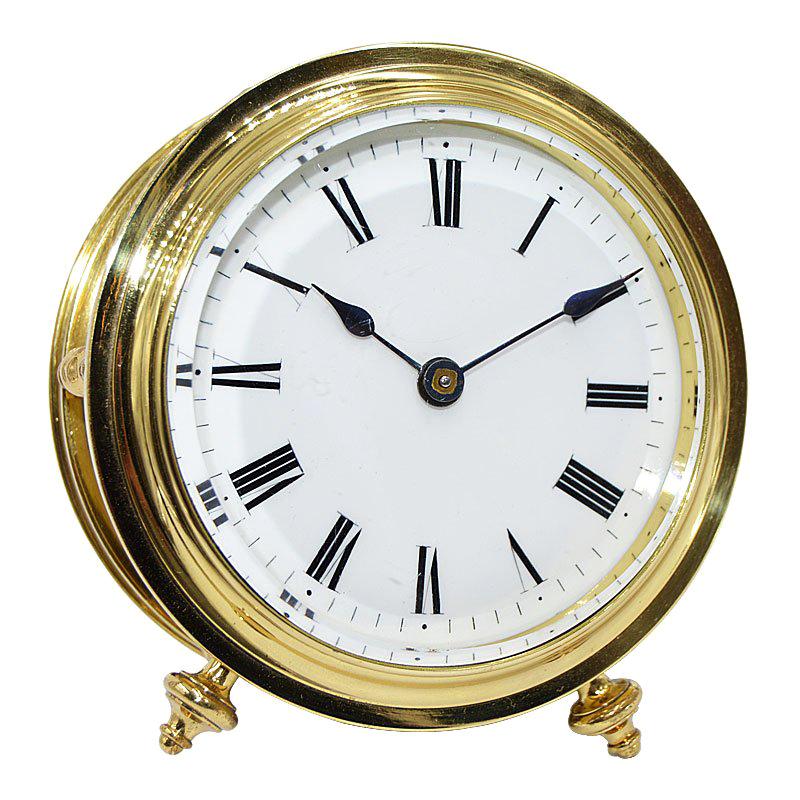 French Fusee Lacquered Brass Original Enamel Dial 8 Day Desk Clock, 1890s