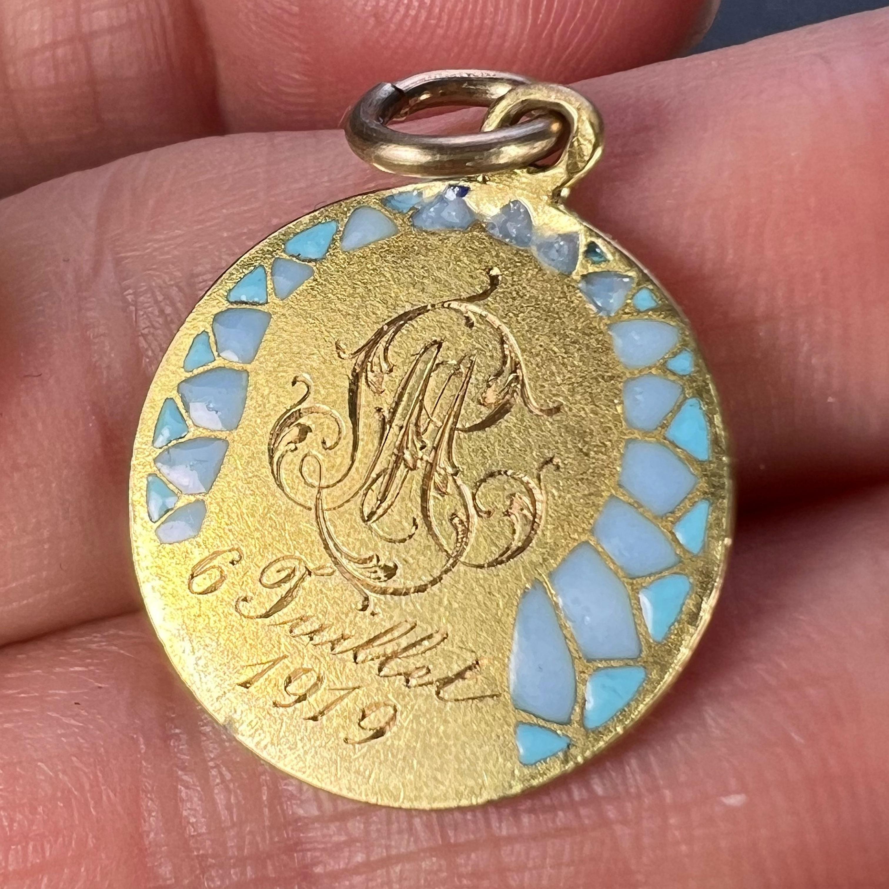 French G Bigard Virgin Mary Plique A Jour Enamel 18K Yellow Gold Pendant Medal For Sale 7