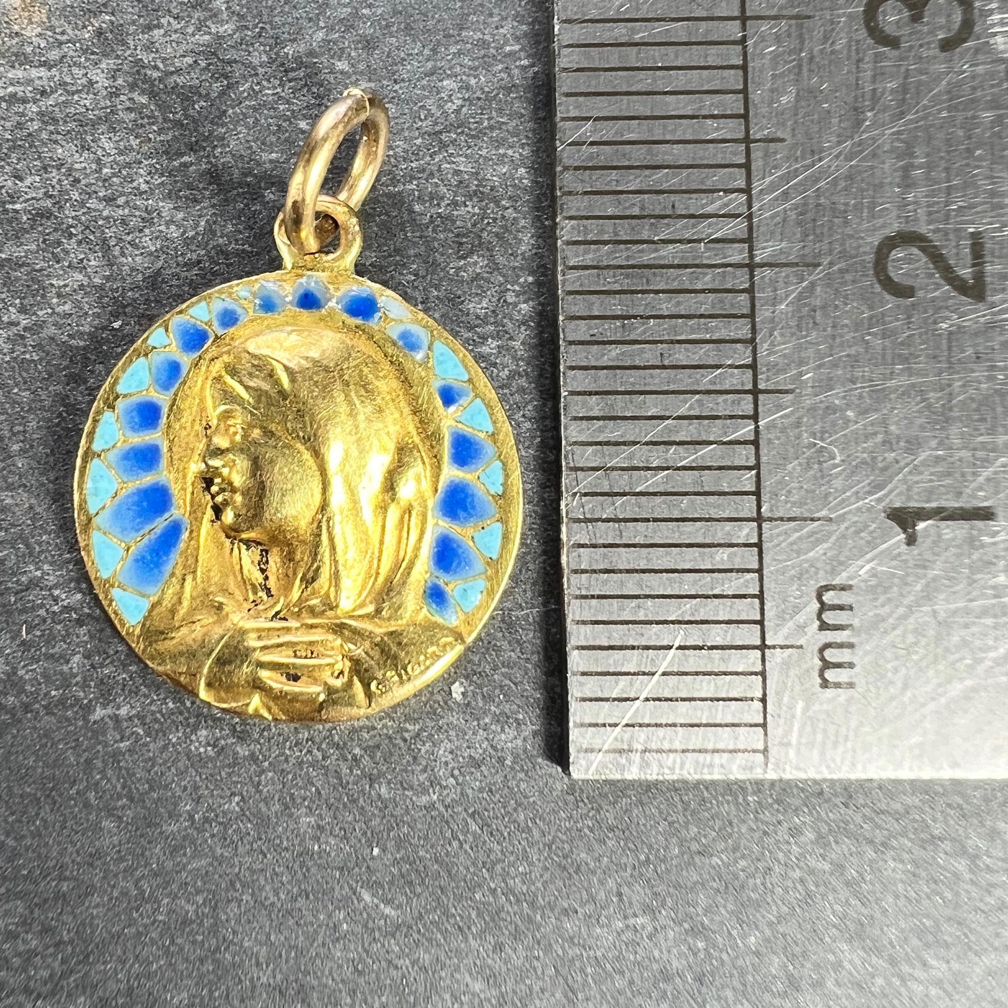 French G Bigard Virgin Mary Plique A Jour Enamel 18K Yellow Gold Pendant Medal For Sale 8