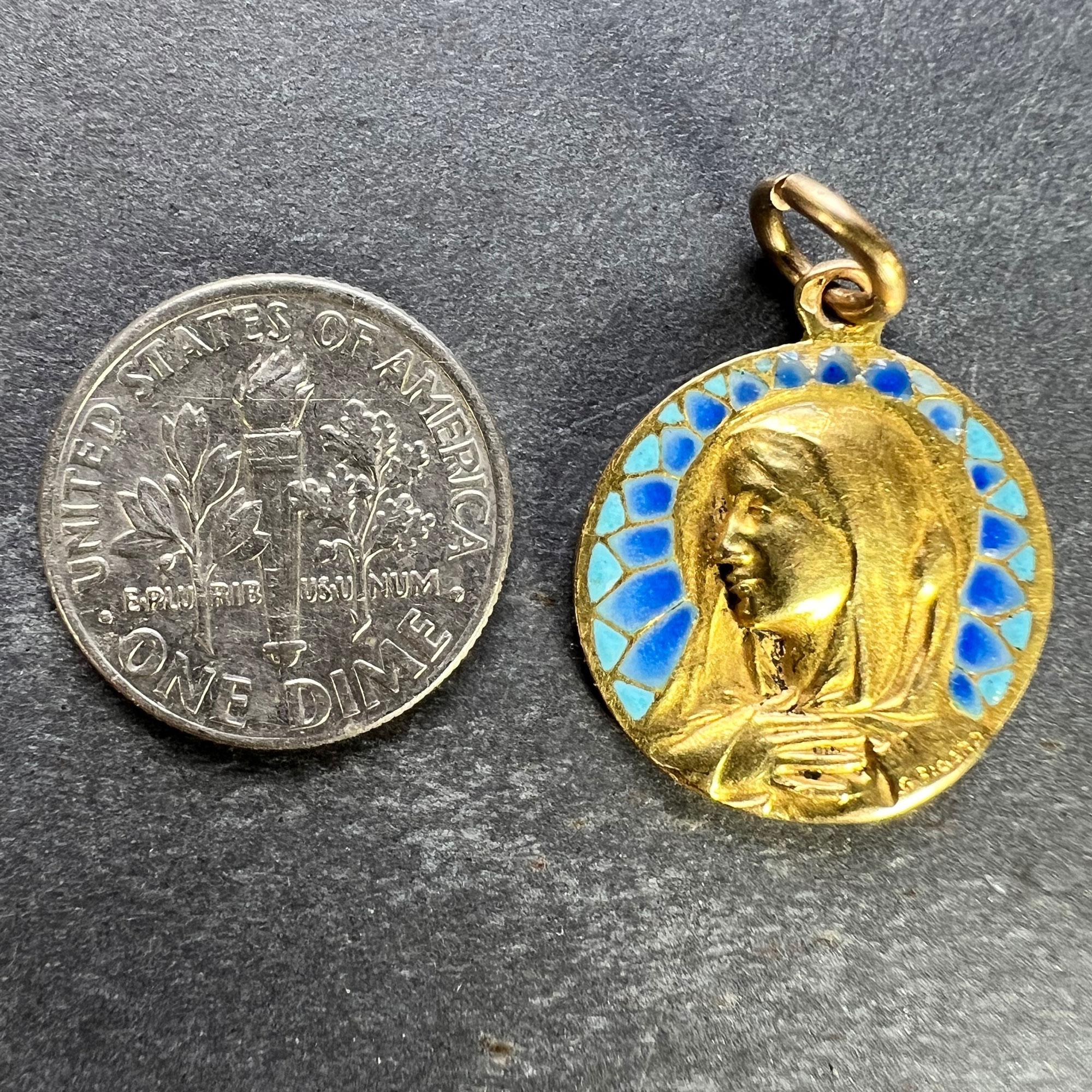 French G Bigard Virgin Mary Plique A Jour Enamel 18K Yellow Gold Pendant Medal For Sale 9