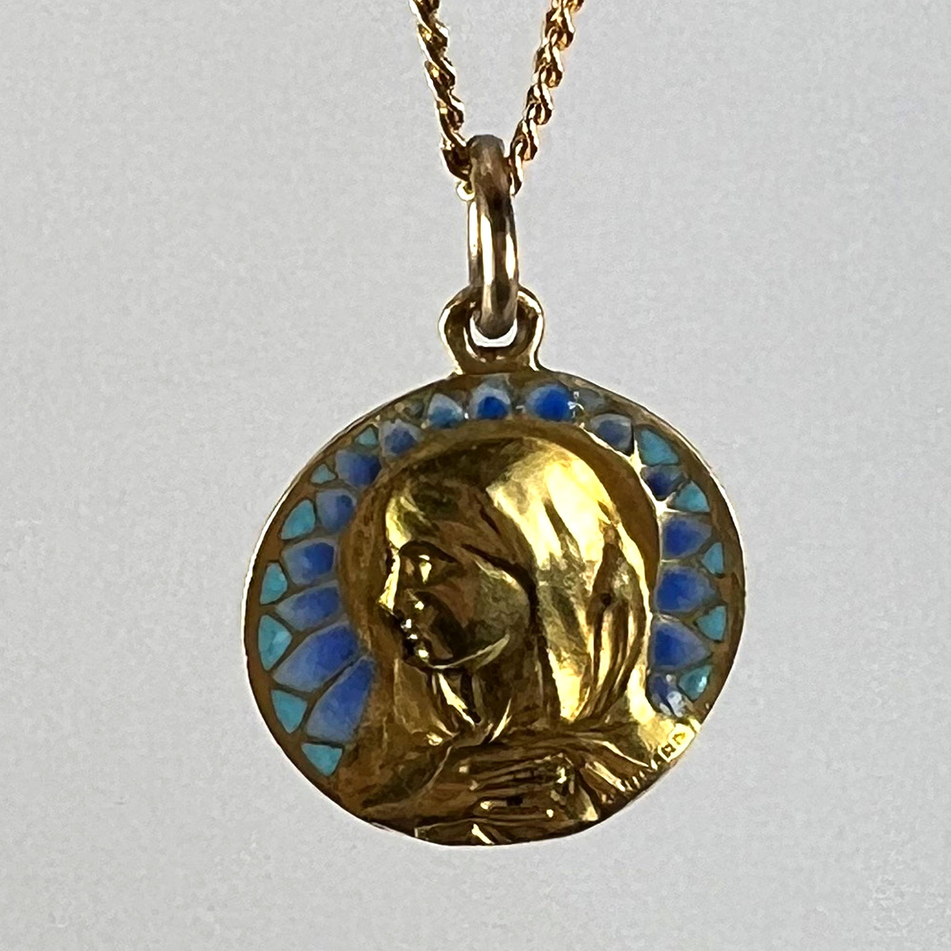 French G Bigard Virgin Mary Plique A Jour Enamel 18K Yellow Gold Pendant Medal For Sale 10