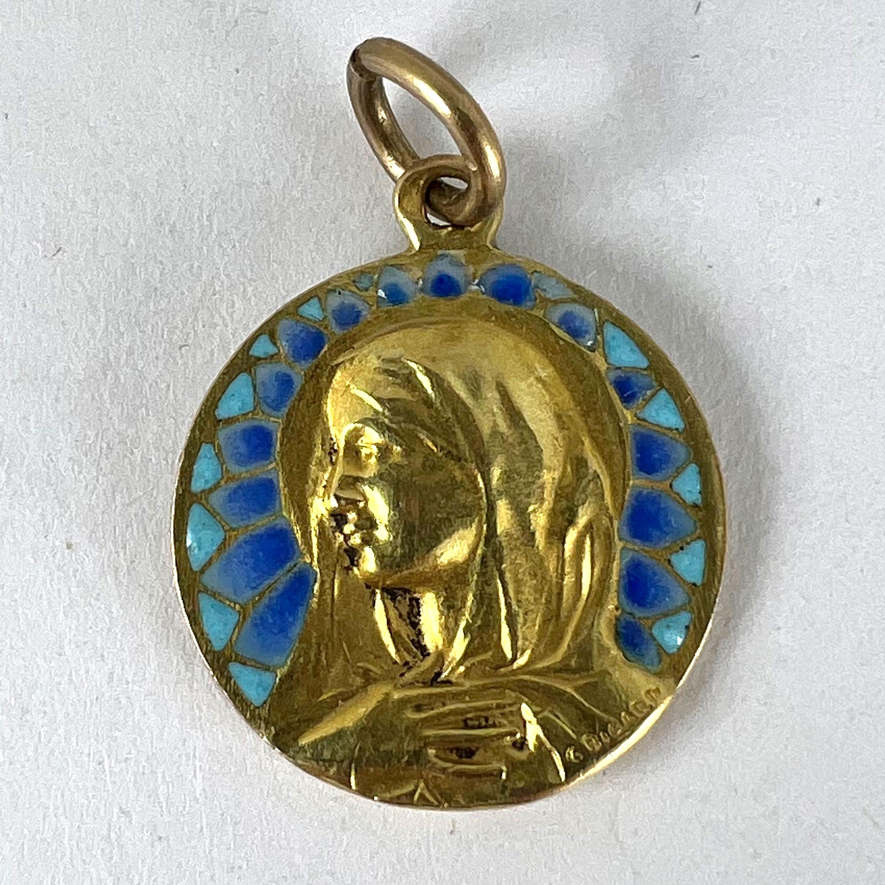 French G Bigard Virgin Mary Plique A Jour Enamel 18K Yellow Gold Pendant Medal For Sale 11
