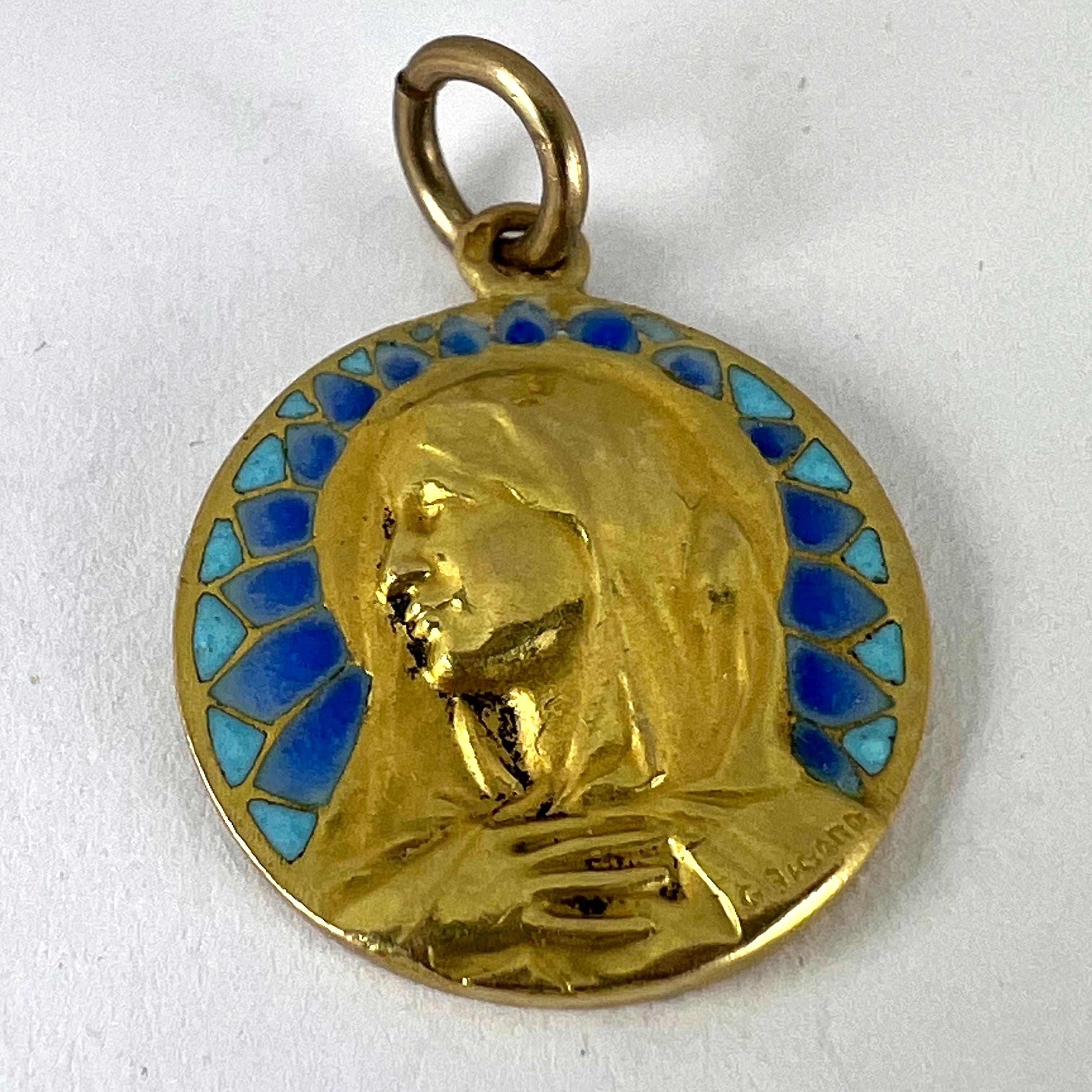 French G Bigard Virgin Mary Plique A Jour Enamel 18K Yellow Gold Pendant Medal For Sale 12