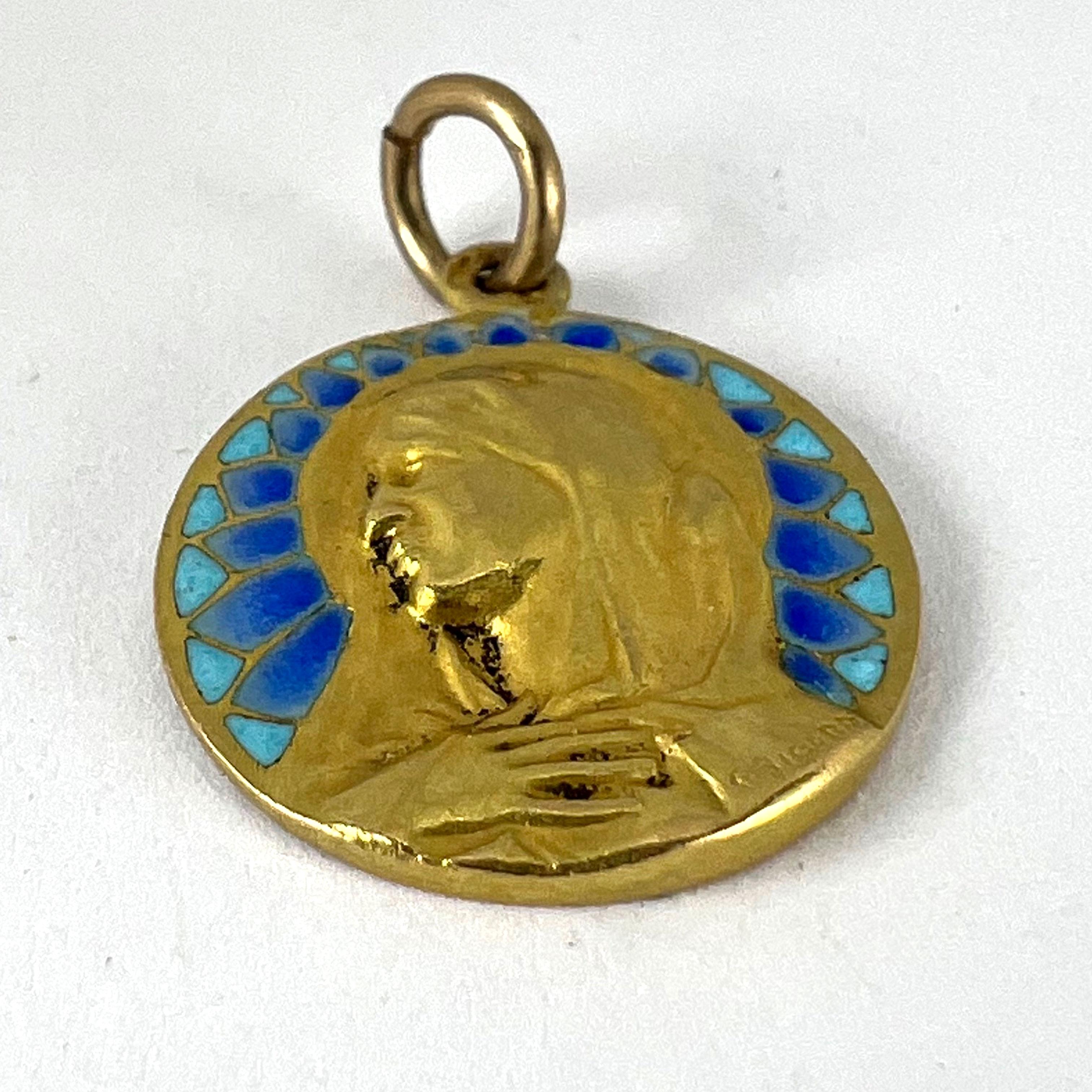 French G Bigard Virgin Mary Plique A Jour Enamel 18K Yellow Gold Pendant Medal For Sale 13