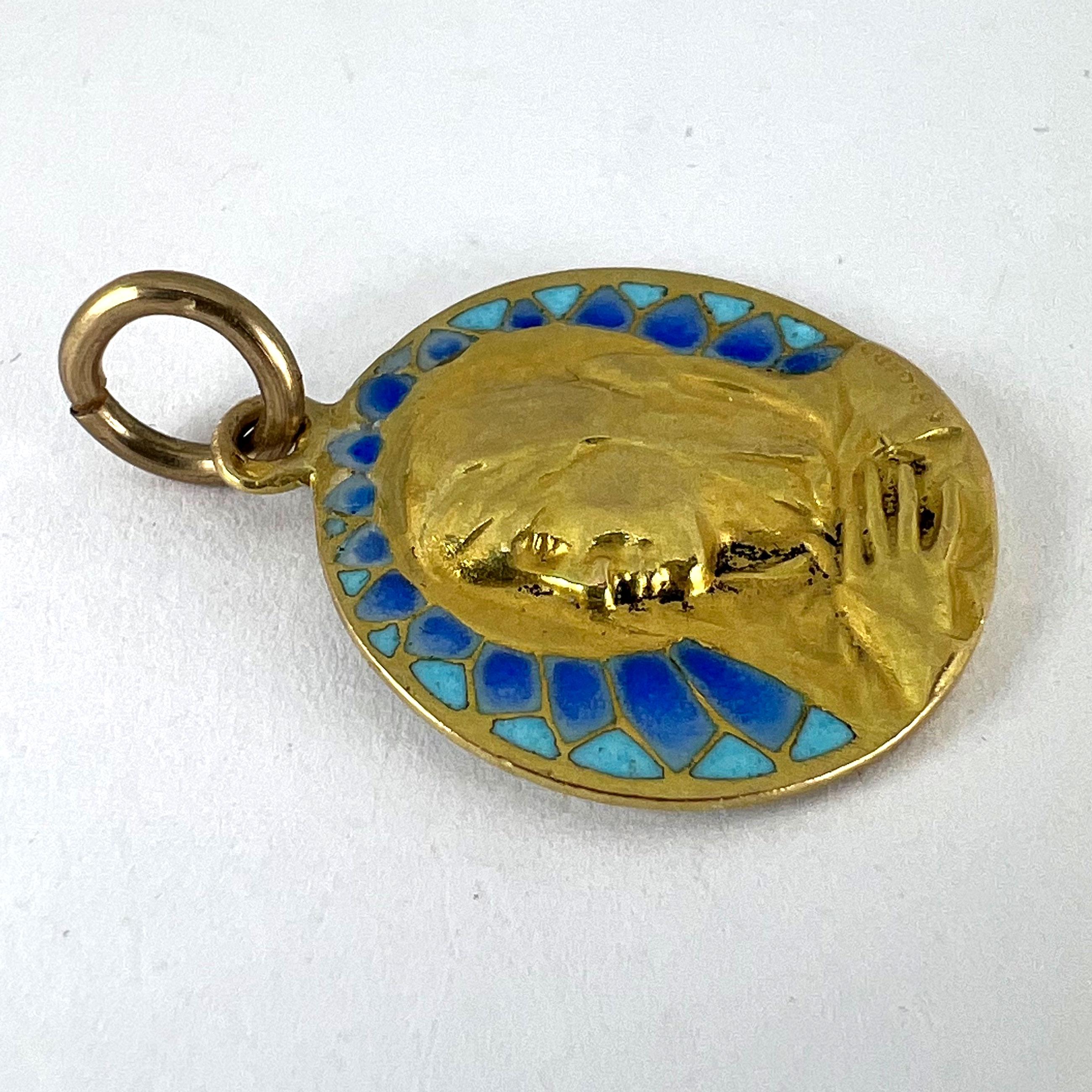 French G Bigard Virgin Mary Plique A Jour Enamel 18K Yellow Gold Pendant Medal For Sale 14