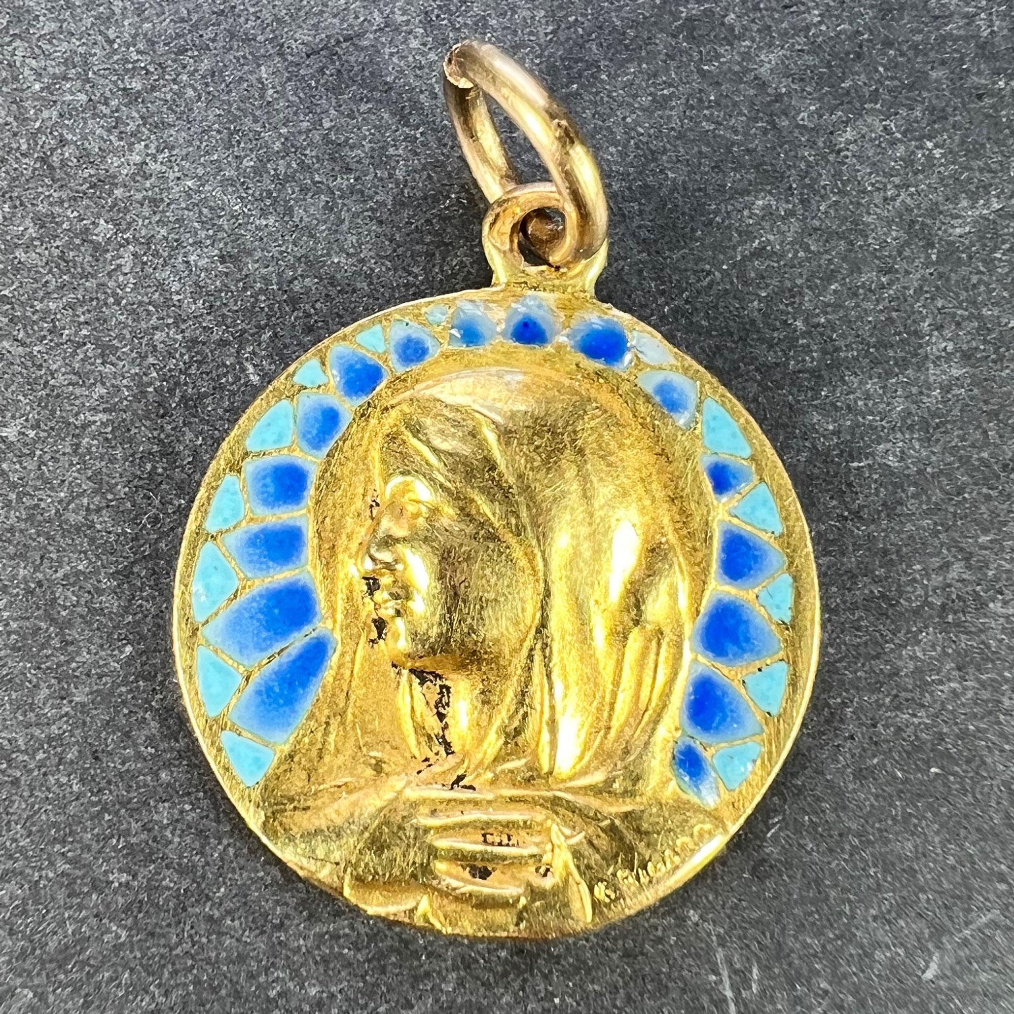 Women's or Men's French G Bigard Virgin Mary Plique A Jour Enamel 18K Yellow Gold Pendant Medal For Sale