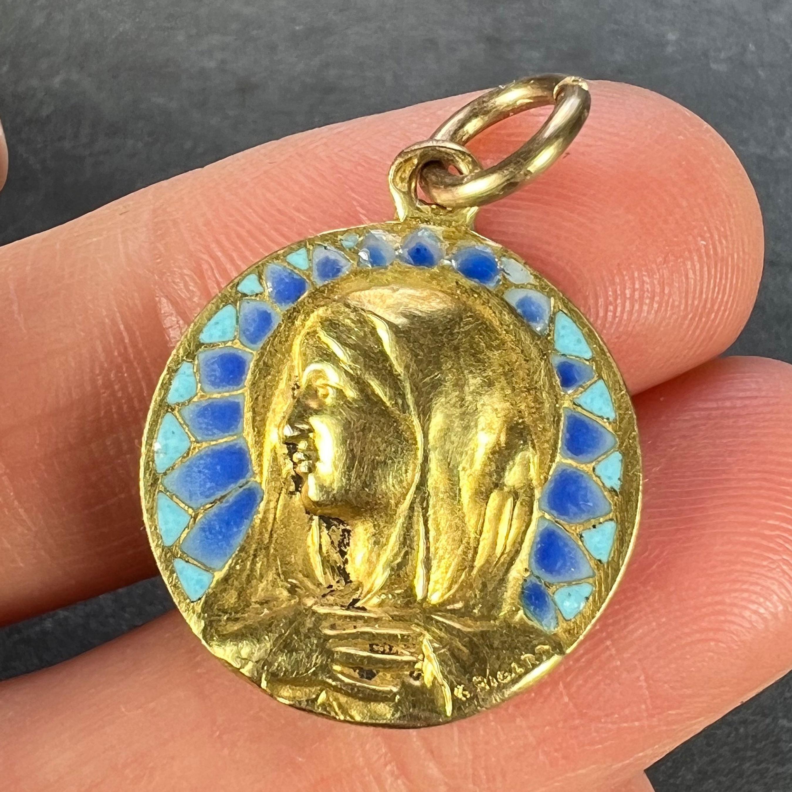 French G Bigard Virgin Mary Plique A Jour Enamel 18K Yellow Gold Pendant Medal For Sale 3