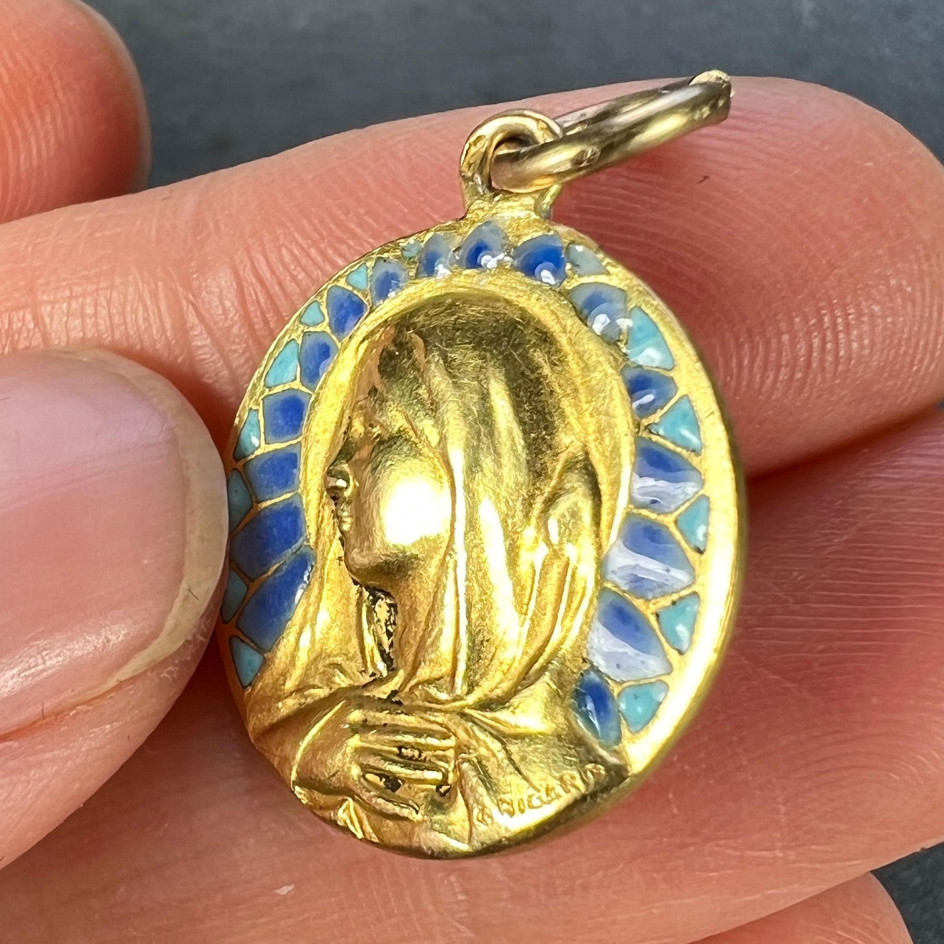 French G Bigard Virgin Mary Plique A Jour Enamel 18K Yellow Gold Pendant Medal For Sale 4