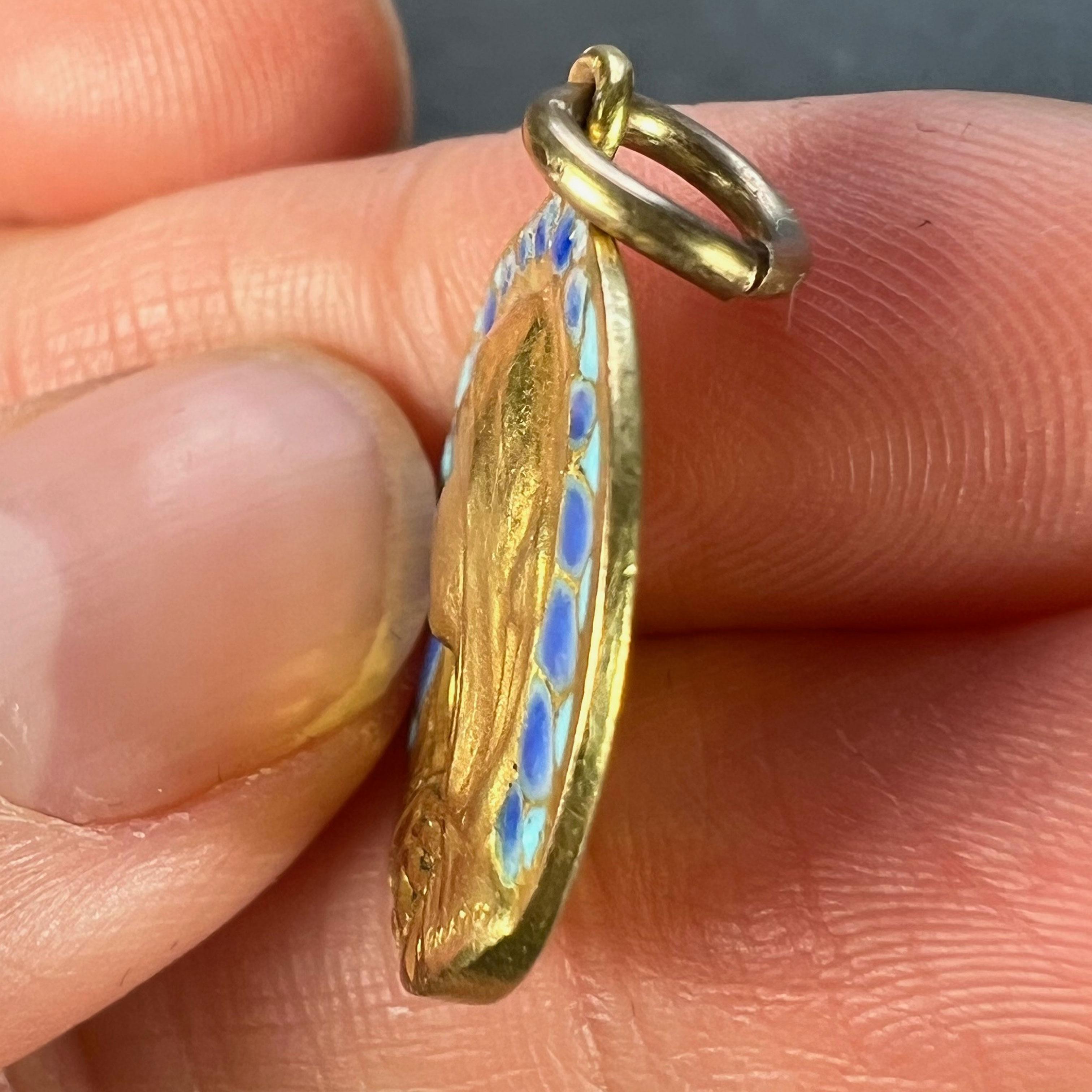 French G Bigard Virgin Mary Plique A Jour Enamel 18K Yellow Gold Pendant Medal For Sale 5