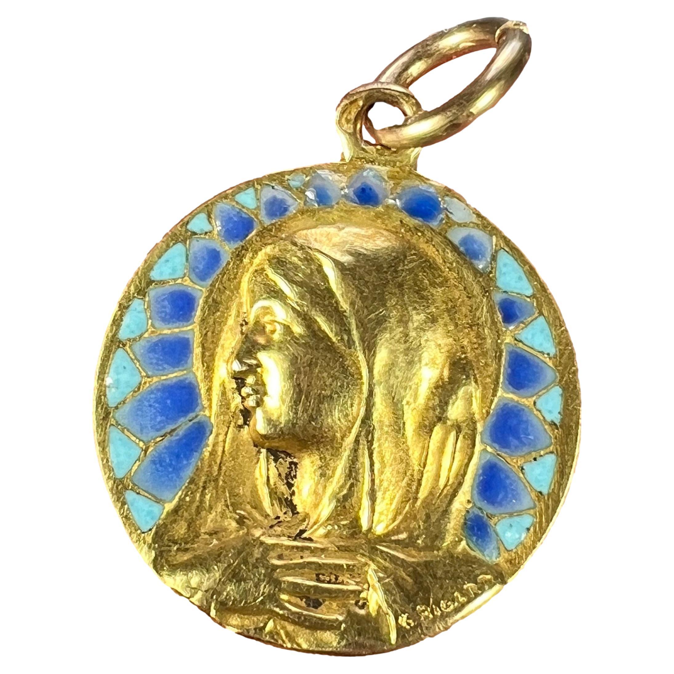 French G Bigard Virgin Mary Plique A Jour Enamel 18K Yellow Gold Pendant Medal For Sale