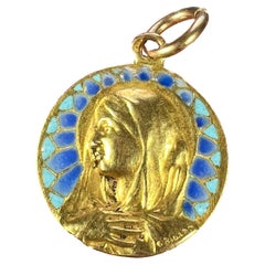 Vintage French G Bigard Virgin Mary Plique A Jour Enamel 18K Yellow Gold Pendant Medal