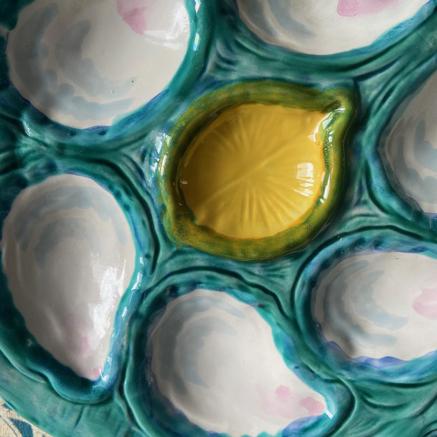 Glazed French Gabriel Fourmaintraux Majolica Oyster Plates, Mid-Century For Sale