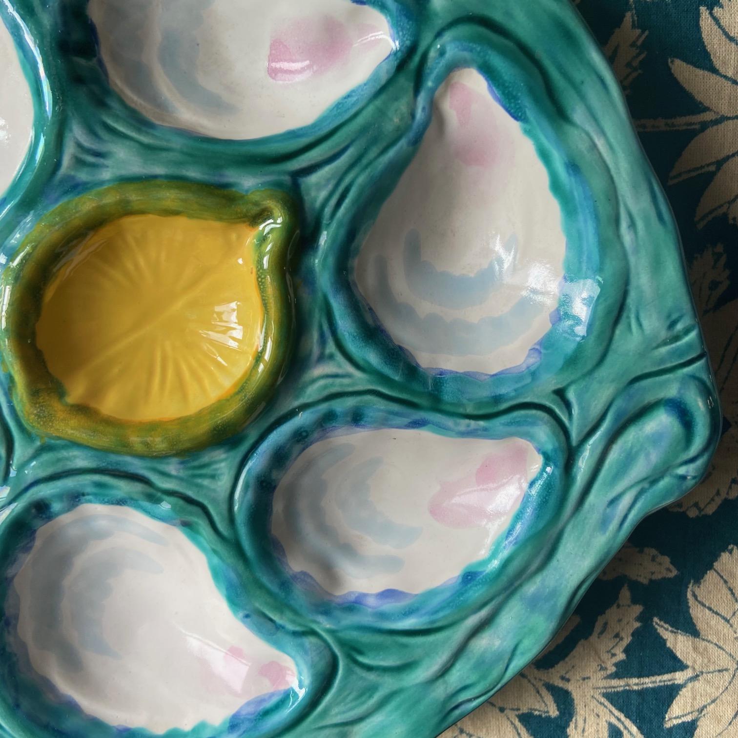 Mid-20th Century French Gabriel Fourmaintraux Majolica Oyster Plates, Mid-Century For Sale