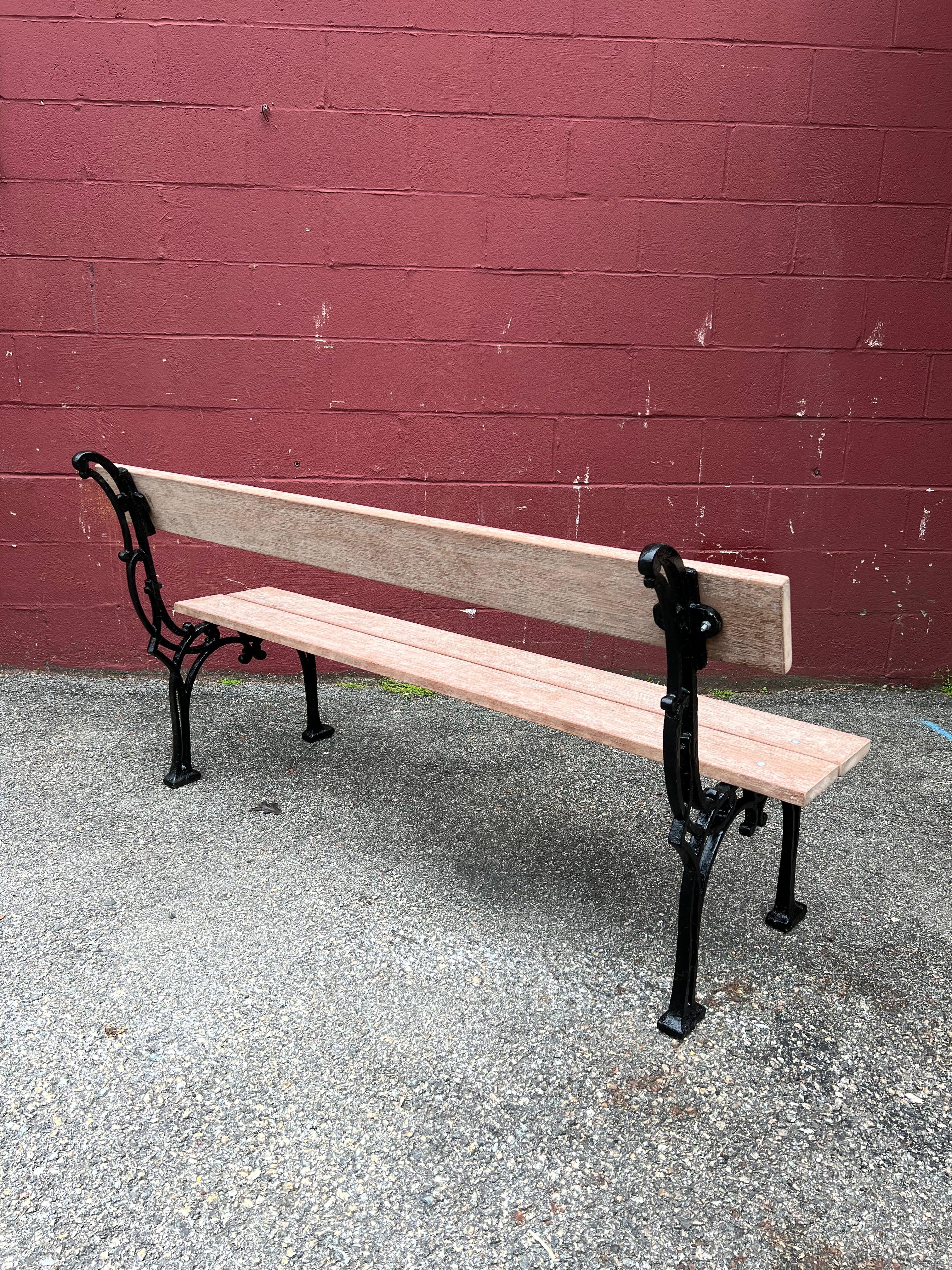 Patinated French Garden Bench with Mahogany Wood Planks For Sale