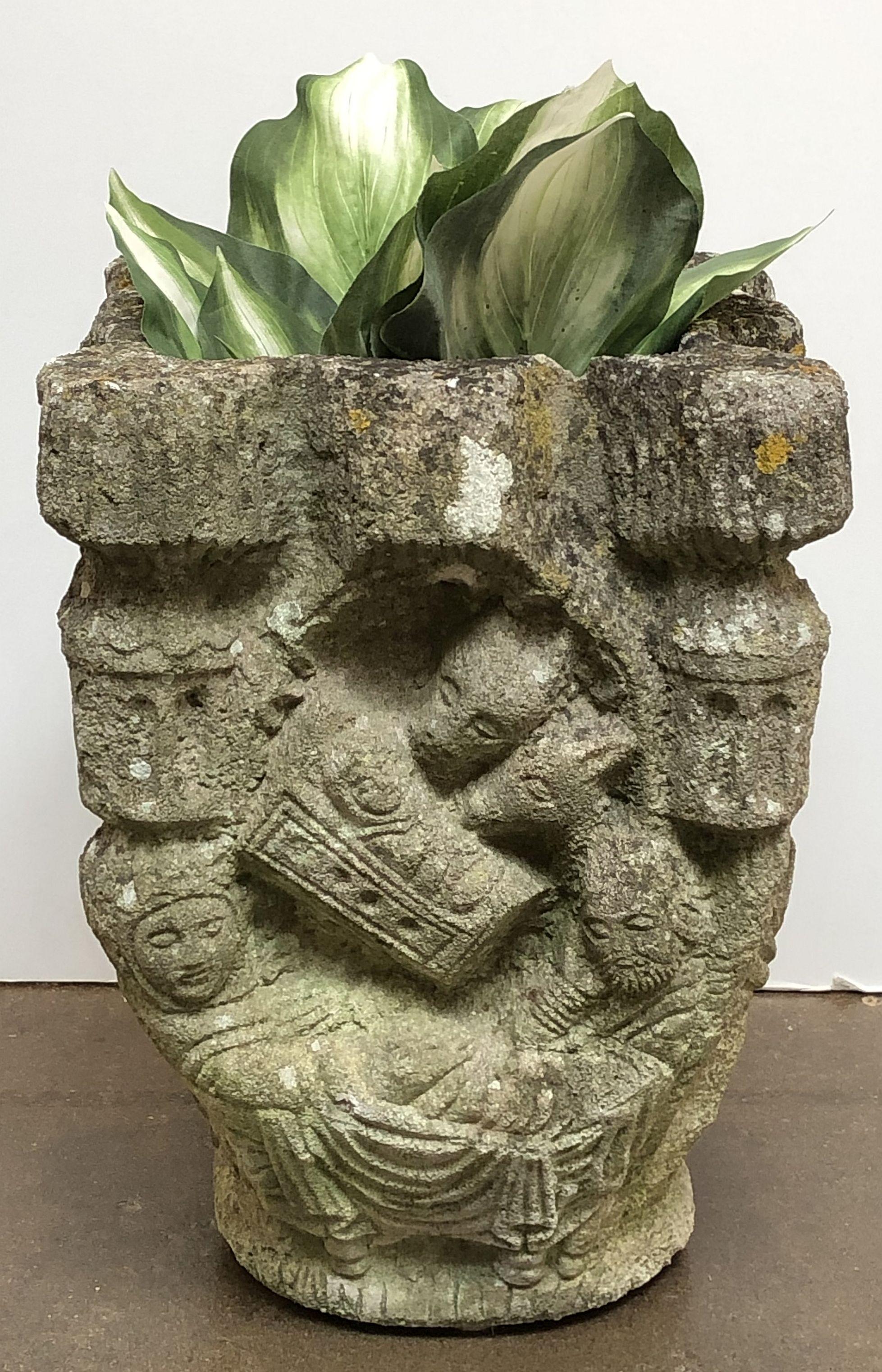 French Garden Stone Pot with Figural Relief 7