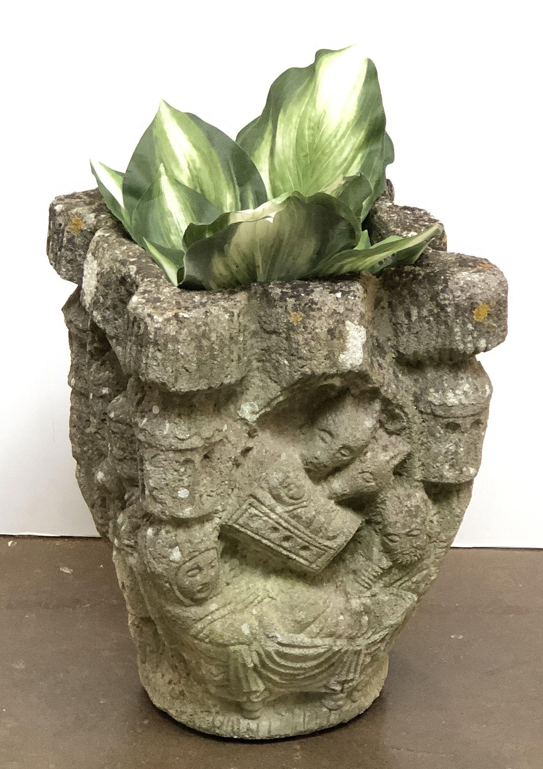 French Garden Stone Pot with Figural Relief In Good Condition In Austin, TX