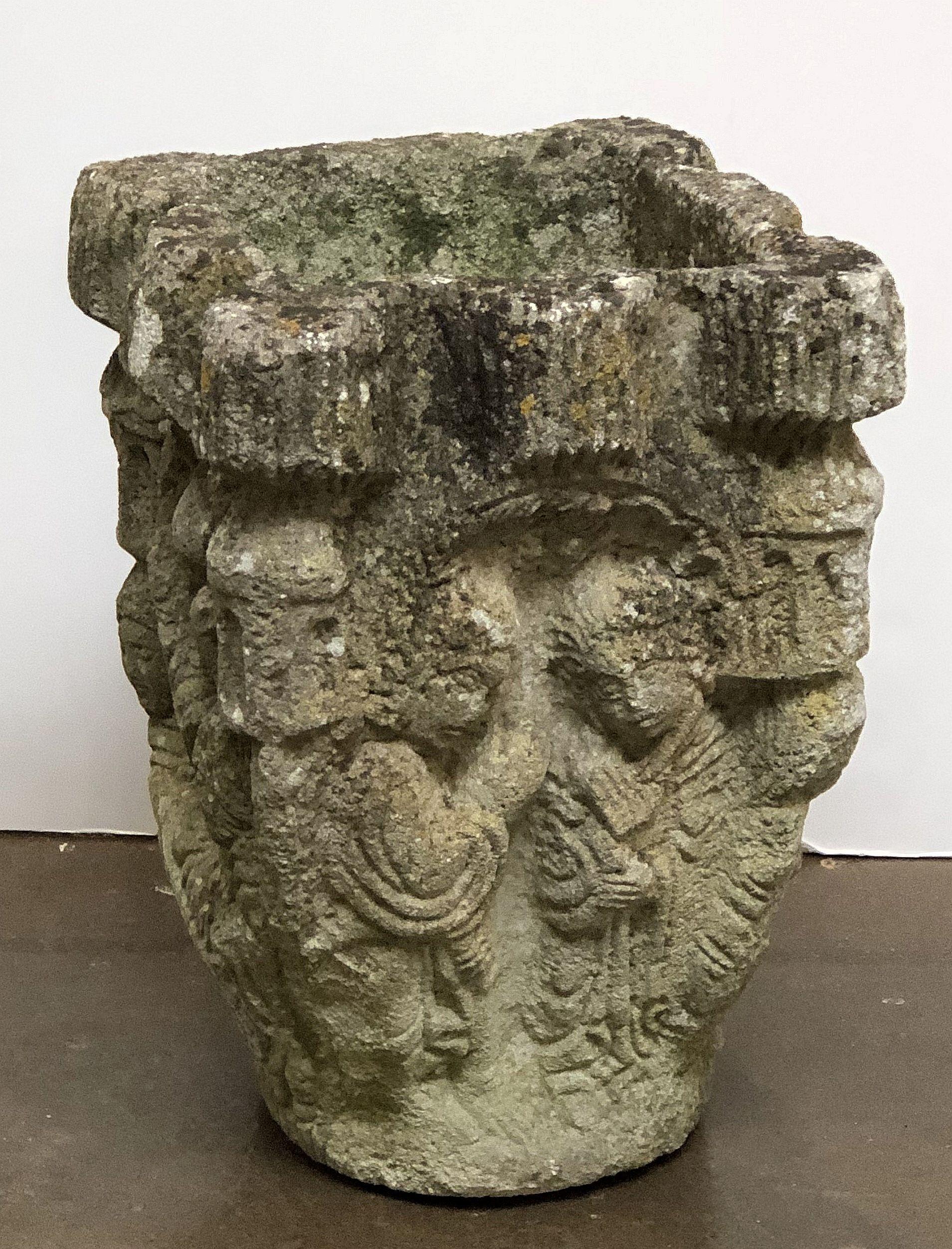 20th Century French Garden Stone Pot with Figural Relief