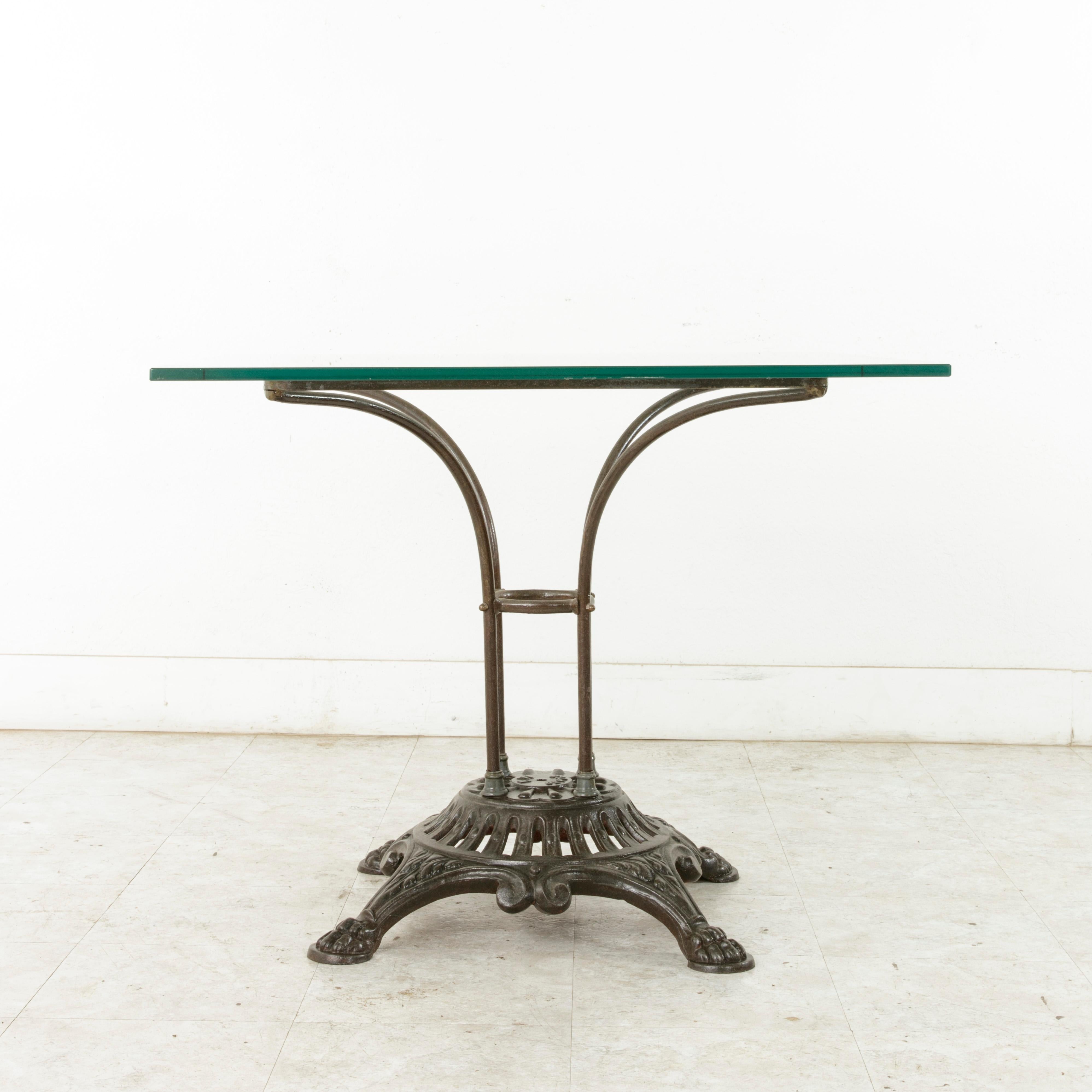 French Garden Table with Pierced Iron Base and Square Glass Top, circa 1900 In Good Condition In Fayetteville, AR