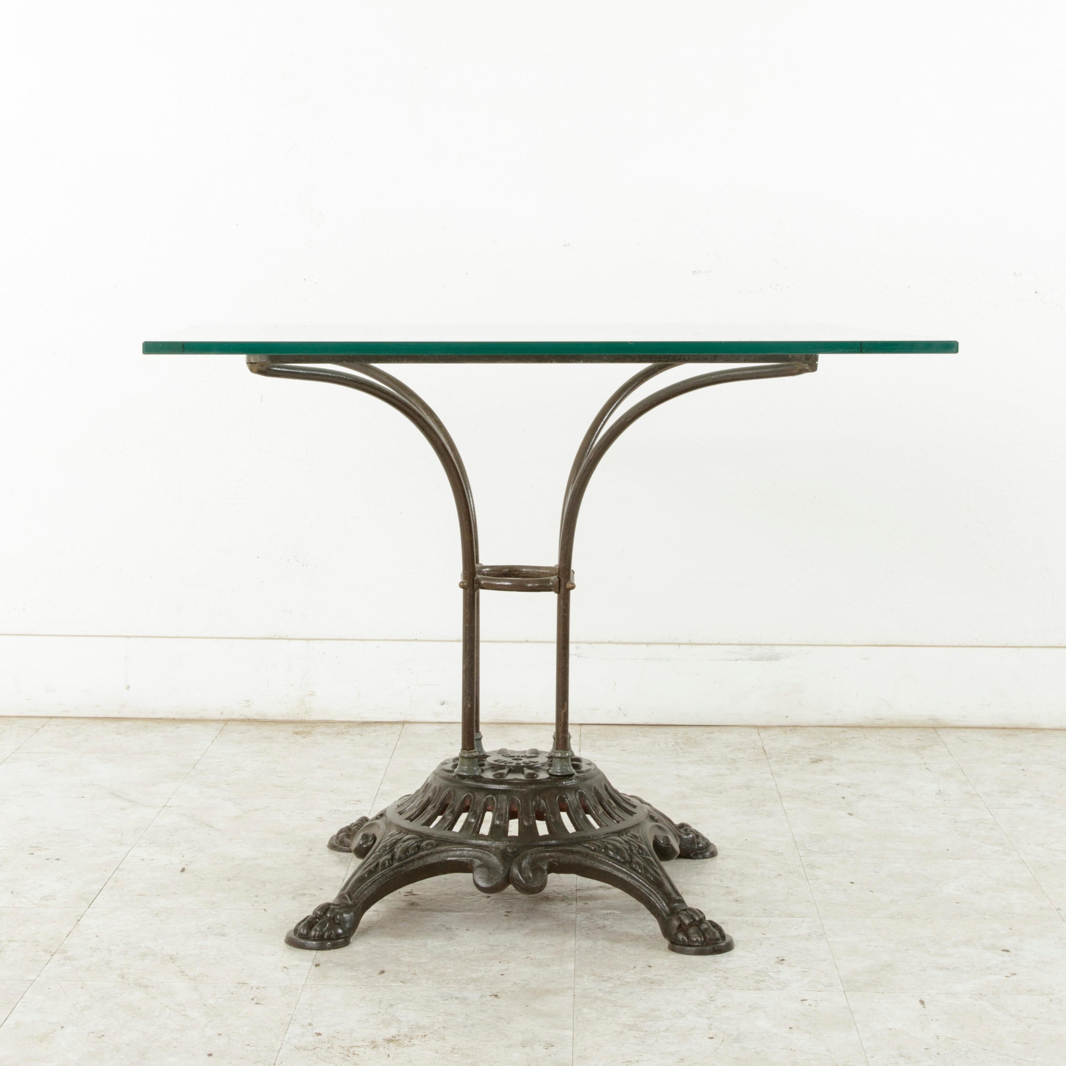 Early 20th Century French Garden Table with Pierced Iron Base and Square Glass Top, circa 1900