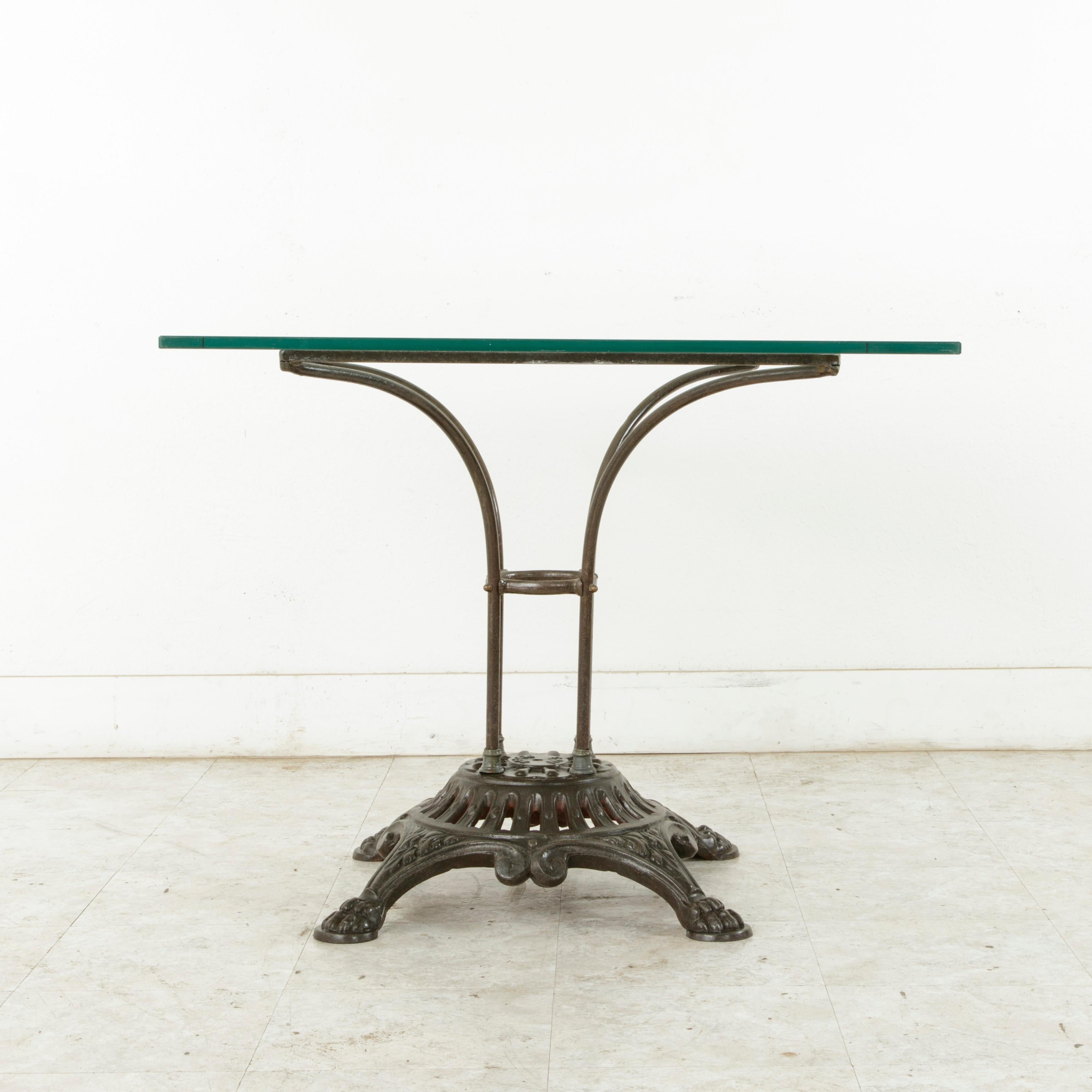 French Garden Table with Pierced Iron Base and Square Glass Top, circa 1900 1
