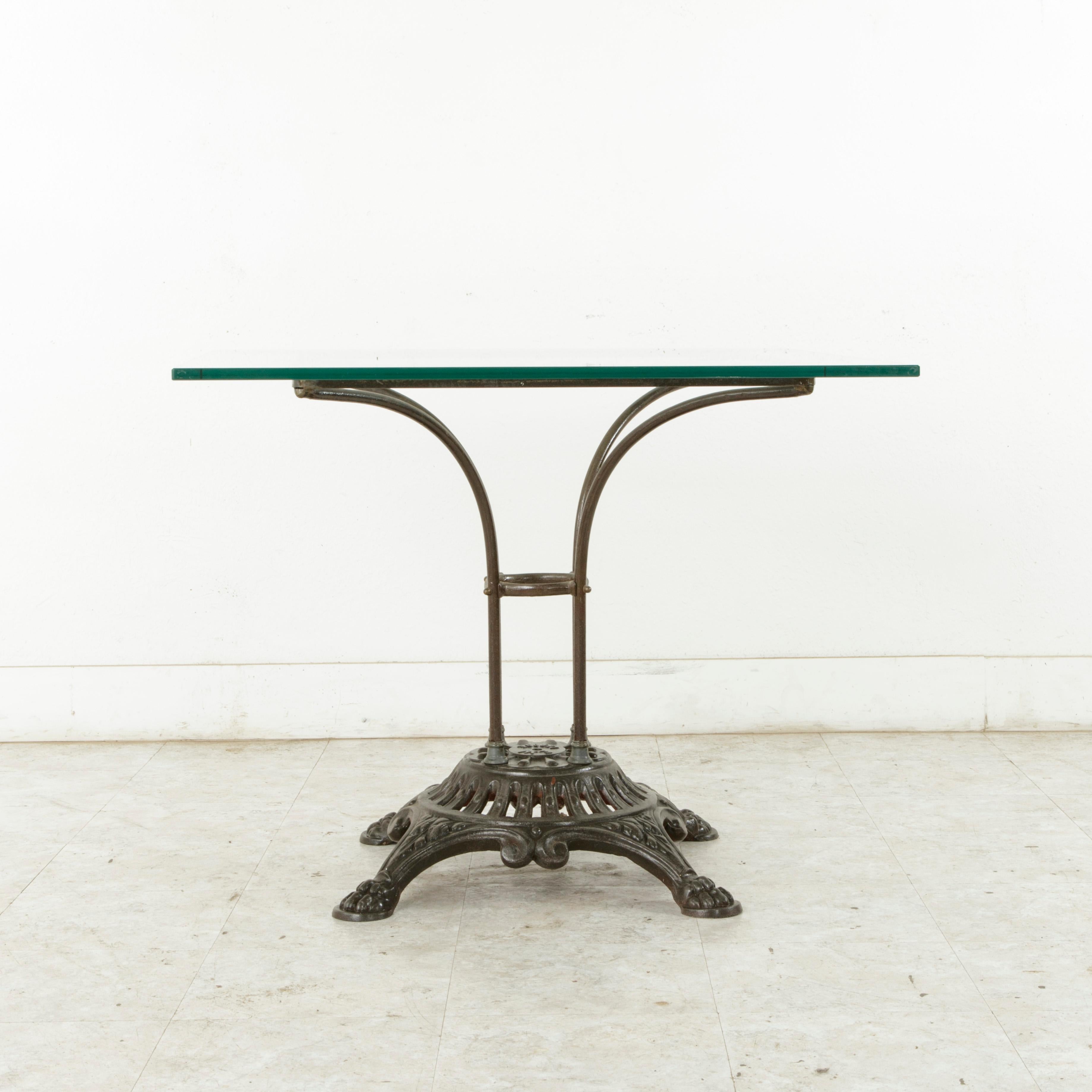 French Garden Table with Pierced Iron Base and Square Glass Top, circa 1900 2