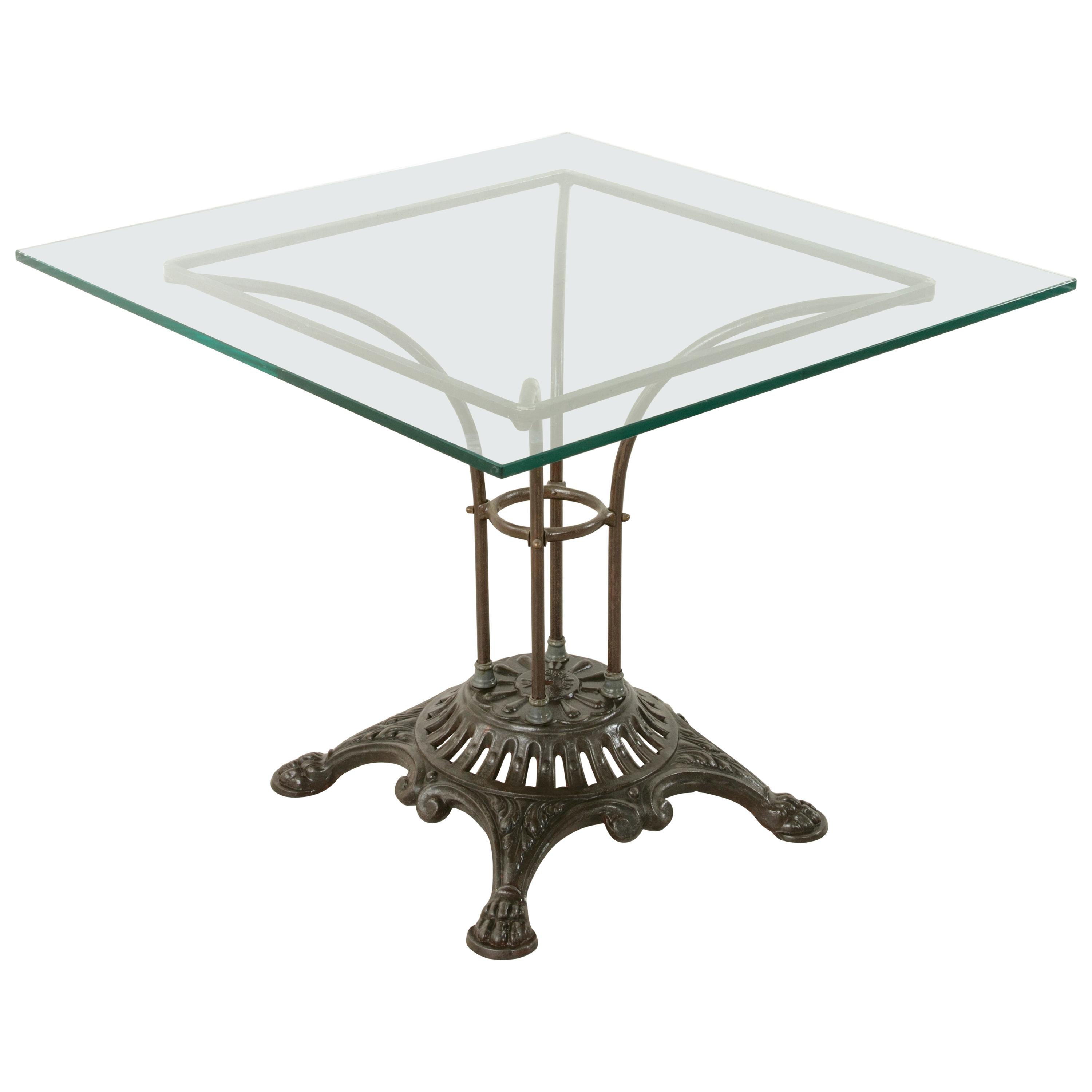 French Garden Table with Pierced Iron Base and Square Glass Top, circa 1900