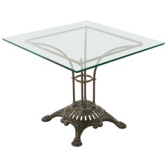 Used French Garden Table with Pierced Iron Base and Square Glass Top, circa 1900