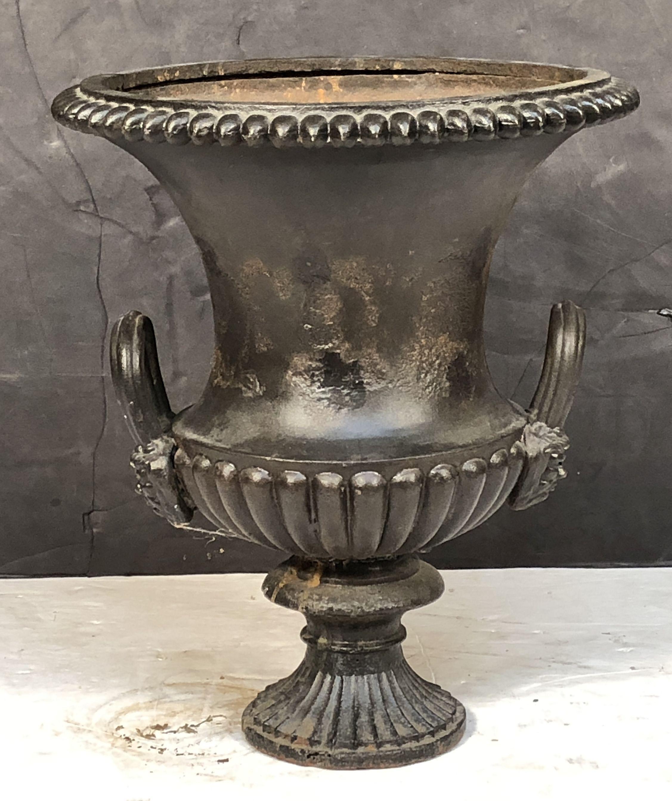 A fine French campana urn or garden planter pot of cast iron in the Classical style, with everted dentil rim, quarter-lobed body, and flared masked handles on reeded round foot. 

Perfect for an indoor or outdoor garden room, garden, or