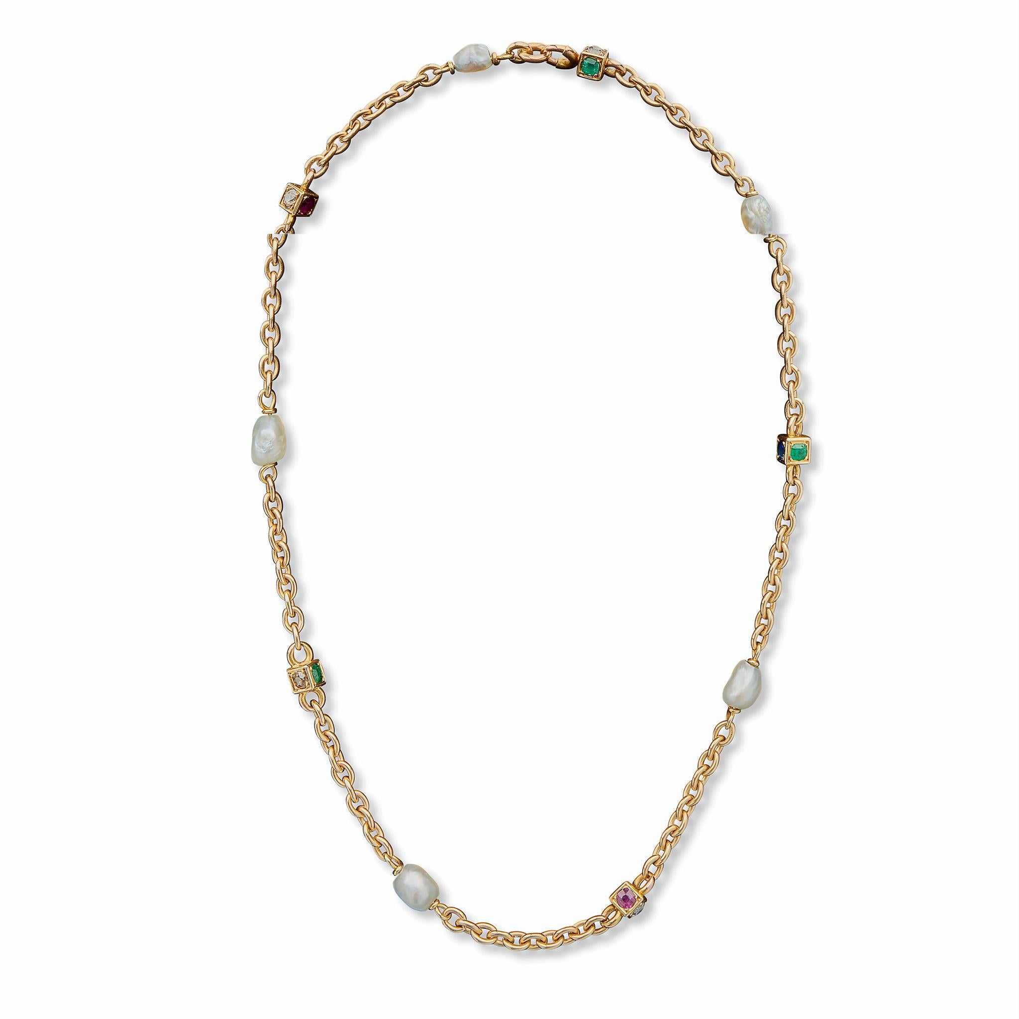 Halskette aus Barockperlen in Edelsteinfassung, farbigen Diamanten und Barockperlen (Spätviktorianisch) im Angebot