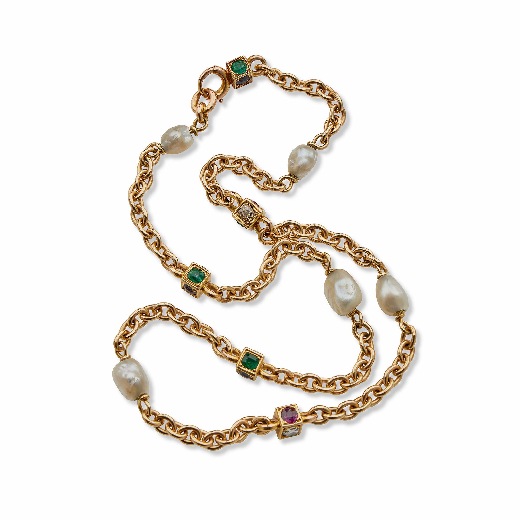 Halskette aus Barockperlen in Edelsteinfassung, farbigen Diamanten und Barockperlen (Alteuropäischer Brillantschliff) im Angebot