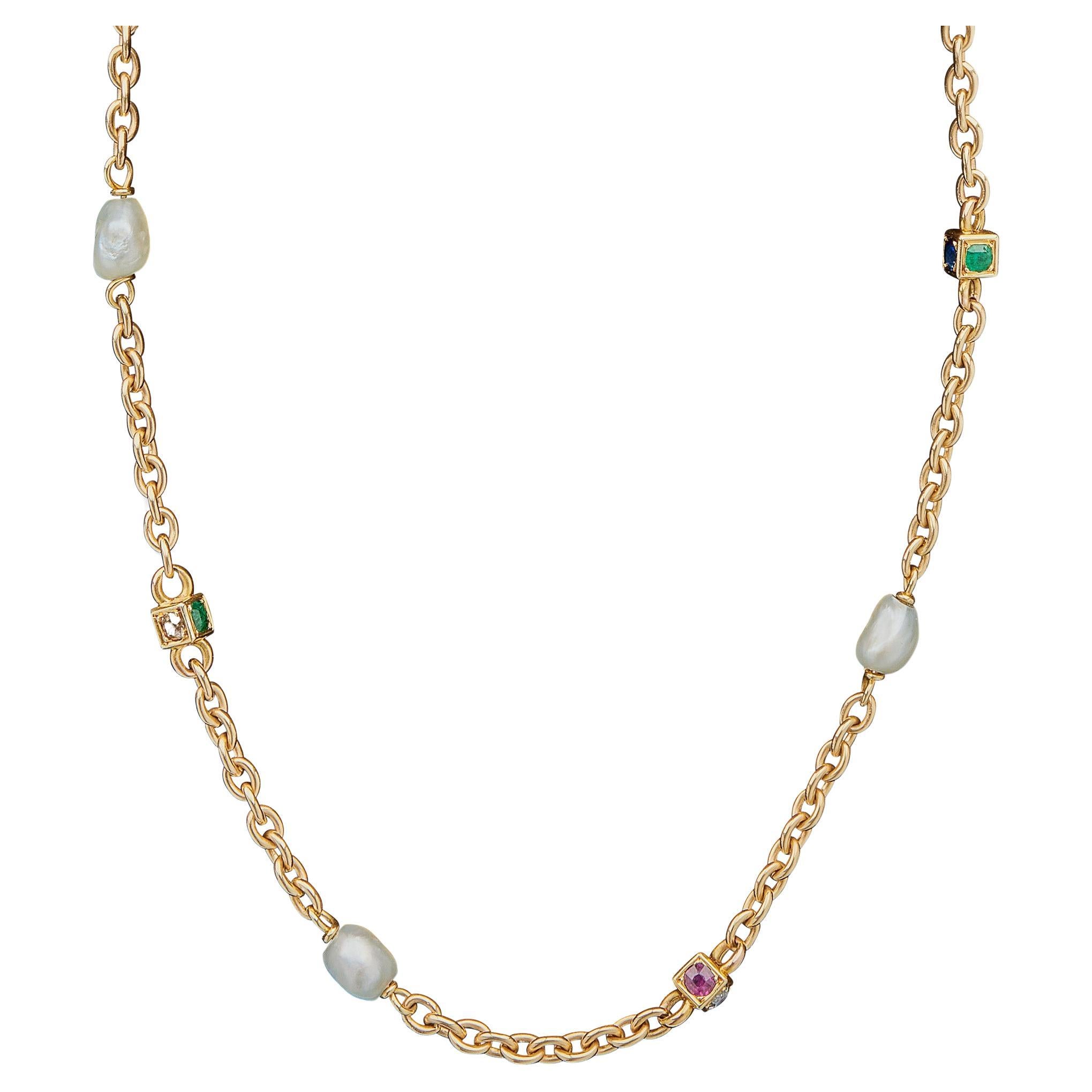 French Gem-set, Colored Diamond and Baroque Pearl Necklace For Sale