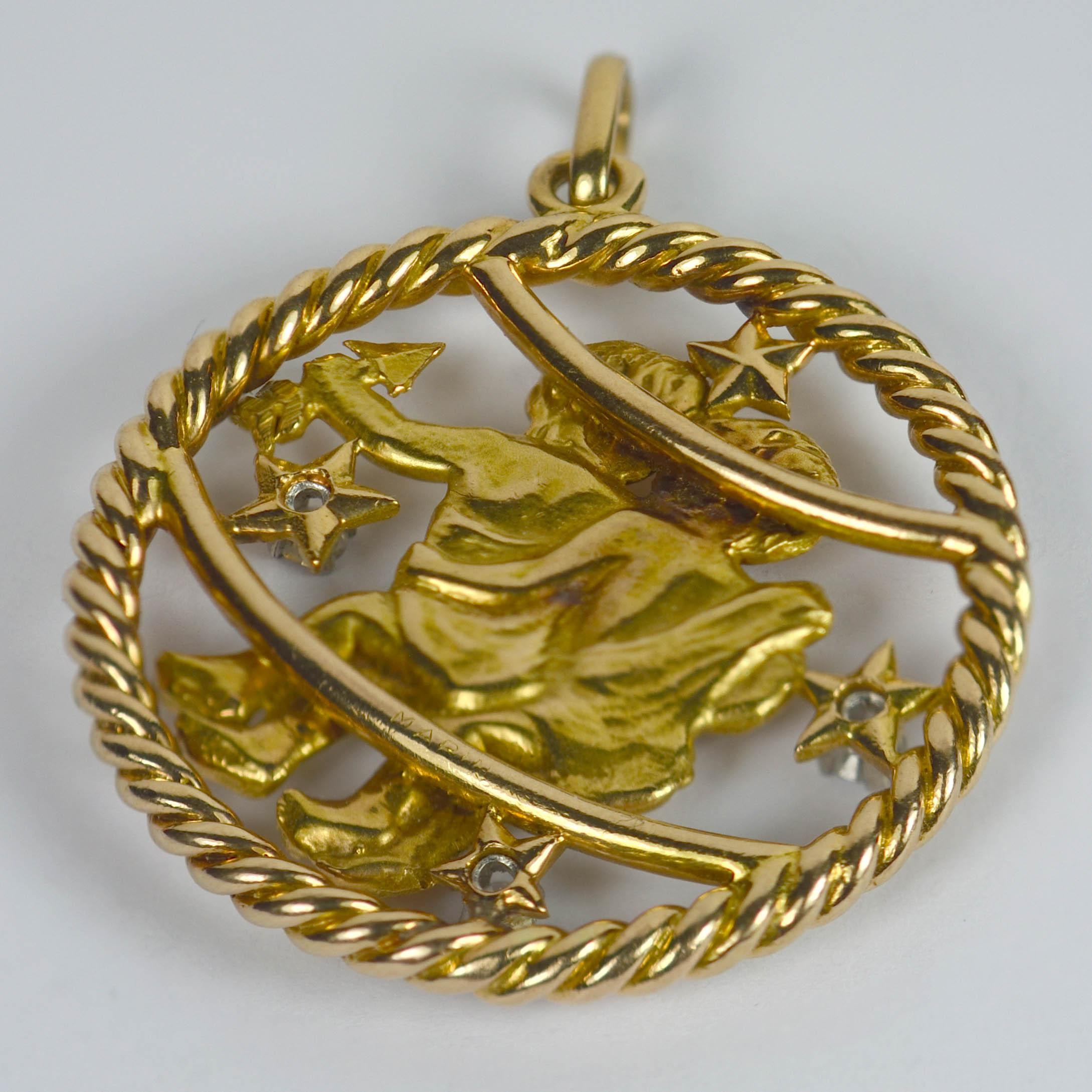 Round Cut French Gemini Zodiac Gold Diamond Pendant Charm