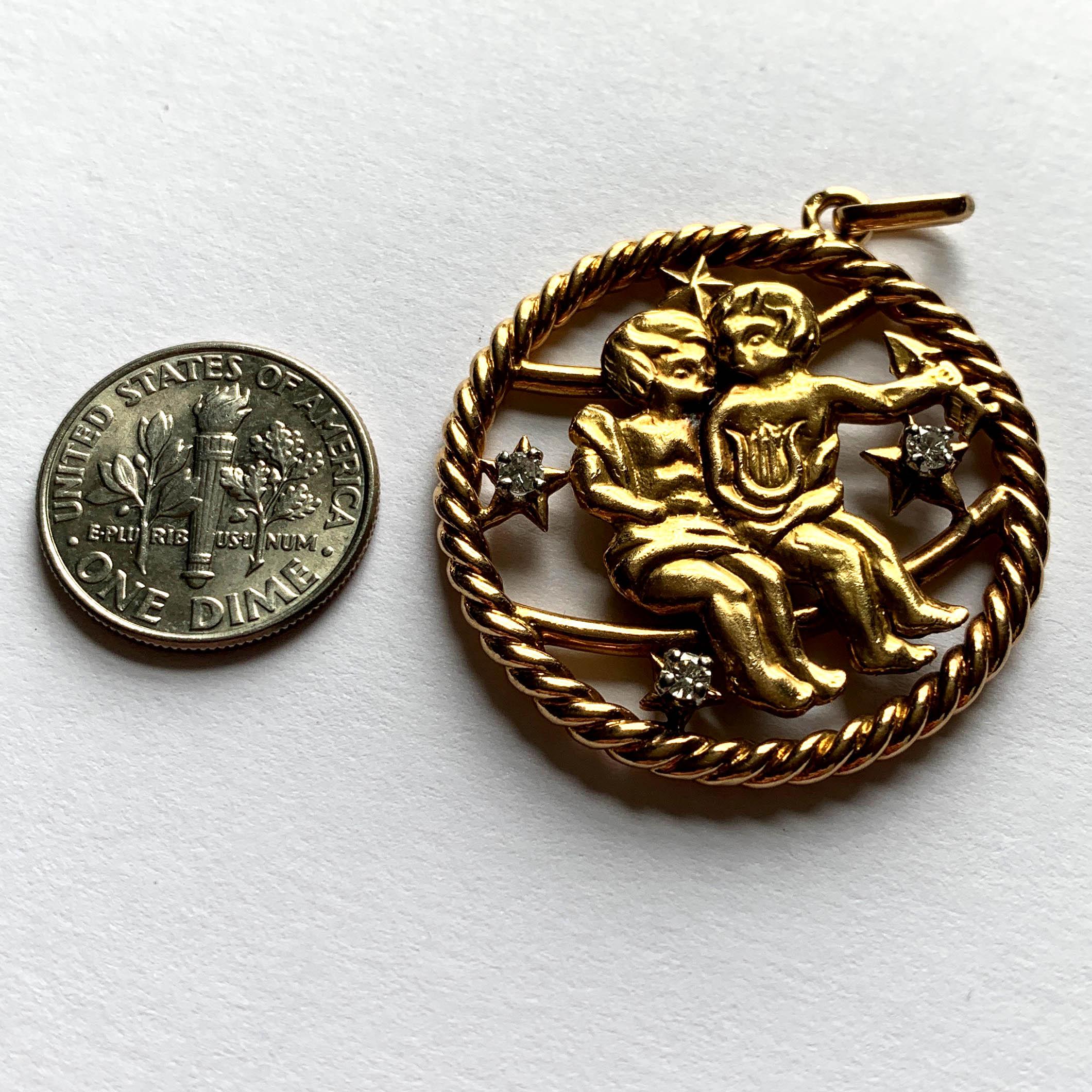 French Gemini Zodiac Gold Diamond Pendant Charm In Good Condition In London, GB