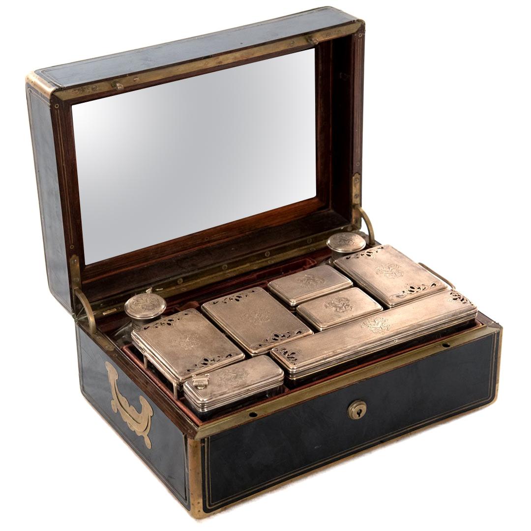 French Gentleman’s Sterling Vanity Kit in Ebony Case by Louis Aucoc, circa 1865