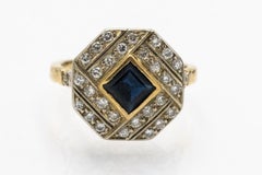 French geometric Art Deco ring with sapphire and diamonds, circa 1950s.