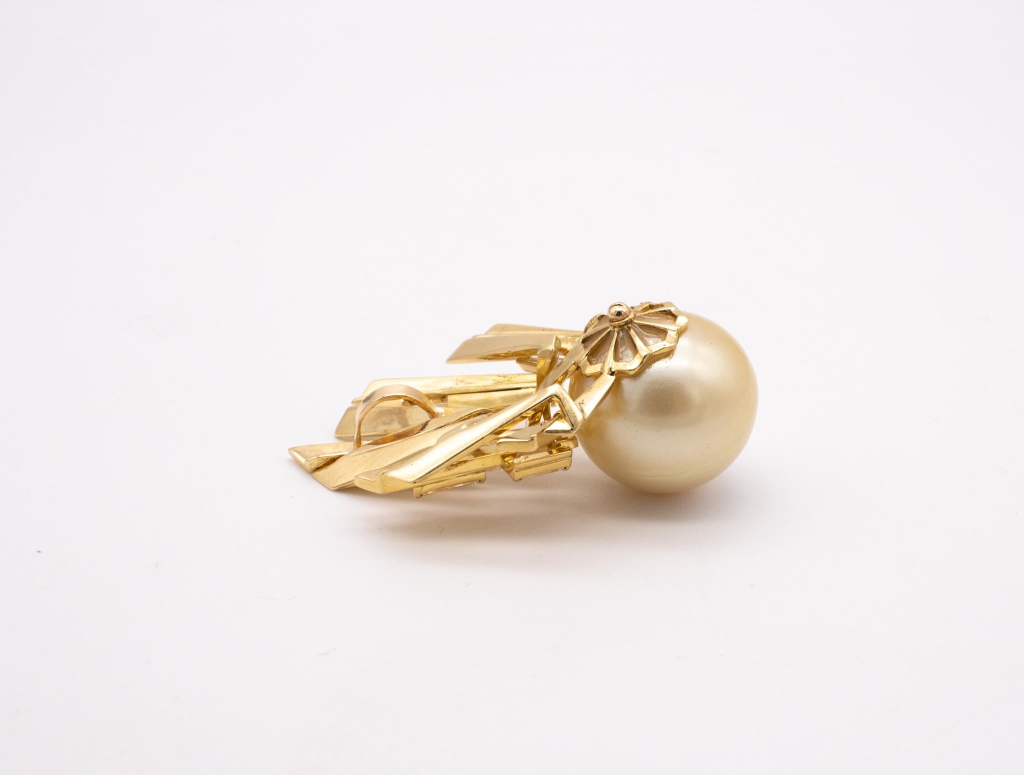 Baguette Cut French Geometric Pendant in 18Kt Yellow Gold VS Diamonds South Sea Pearl For Sale