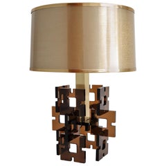 French Geometric Plexiglass and Brass Table Lamp, 1970s