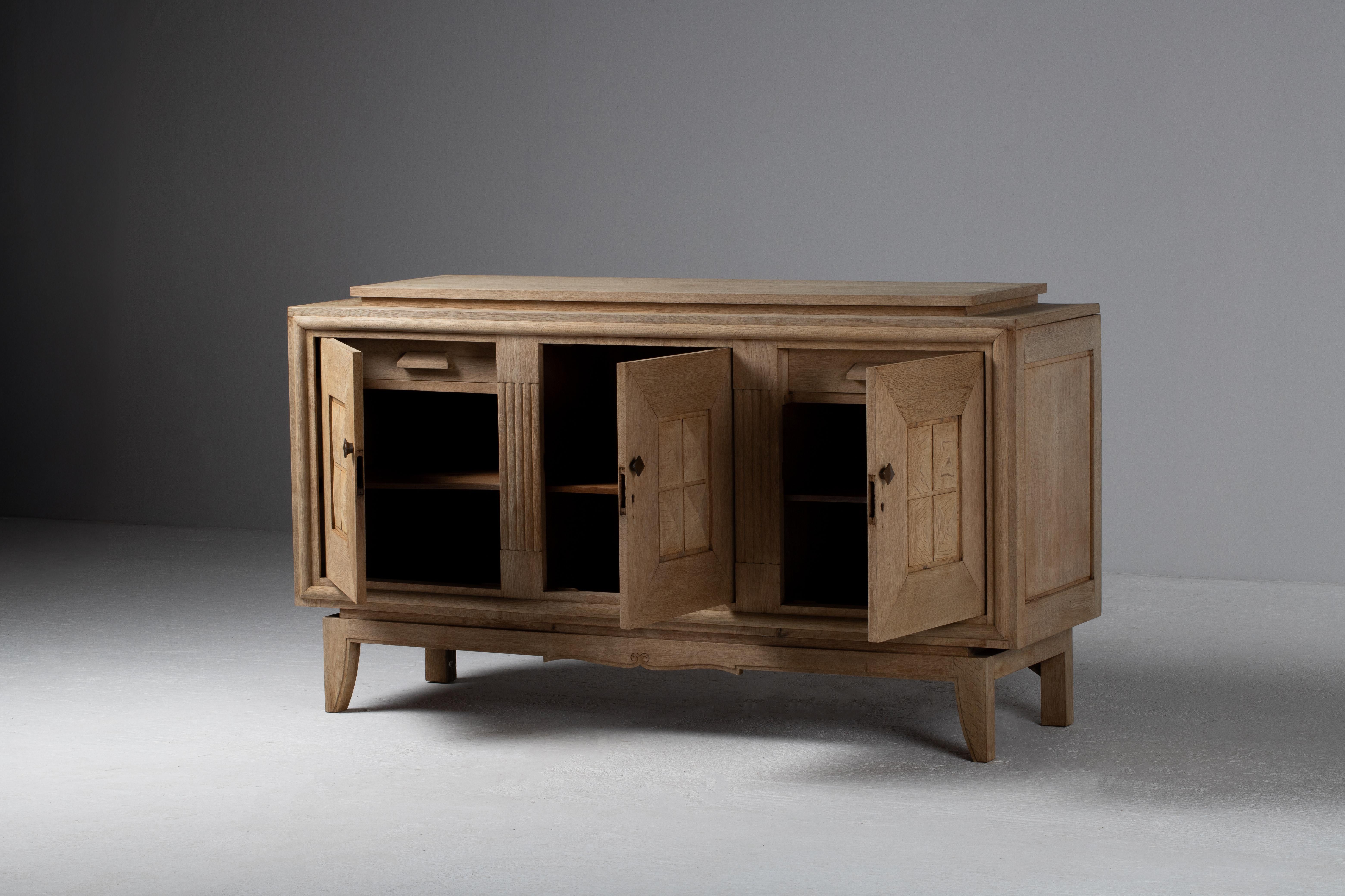 Mid-20th Century French Geometric Sideboard in Bleached Oak, 1950s