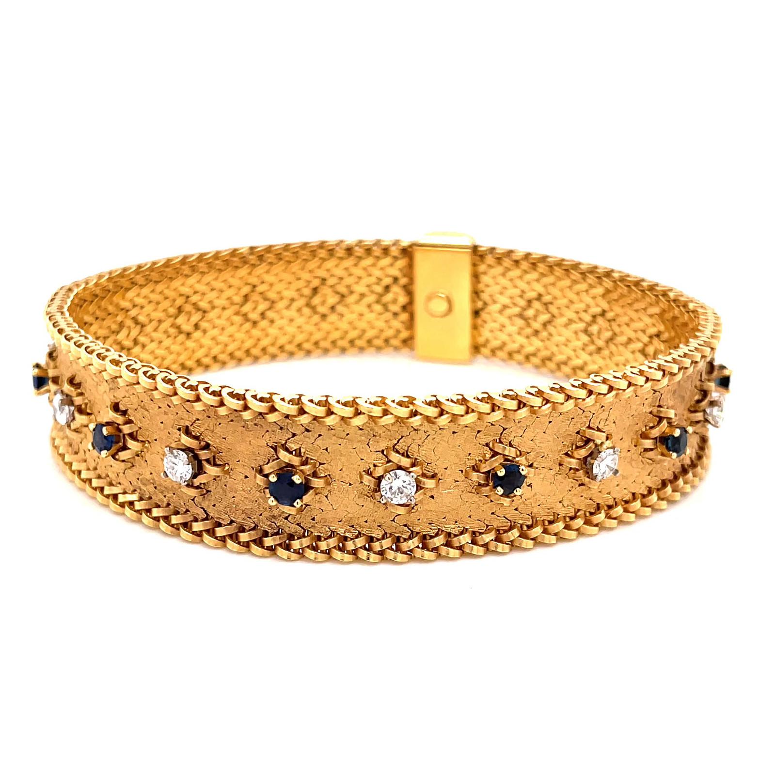 Round Cut French George Lenfant Diamond Sapphire 18 Karat Yellow Gold Bracelet